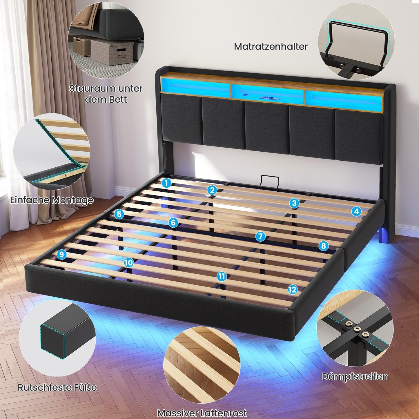 Upholstered Bed 180 x 200 cm Floating Bed with LED Lighting, Headboard and Charging Station (2 AC Sockets, 2 USB Ports), Bed 180 x 200 cm with Storage Space, Modern Double Bed with Slatted