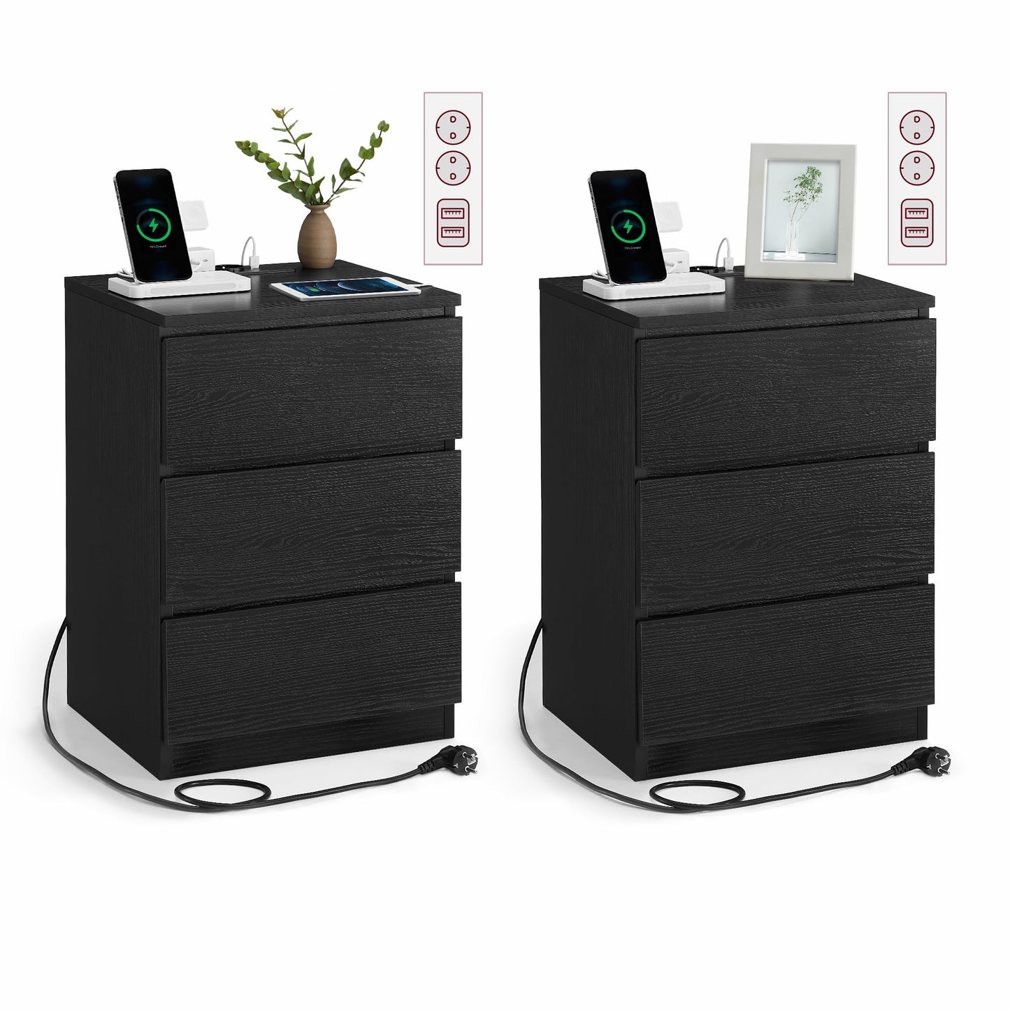 VASAGLE LET831W14 Set of 2 Bedside Tables, Side Tables, 3 Drawers, Bevelled Edge, 2 AC Outlets, 2 USB Ports, Living Room, Bedroom, Study, Modern, Cloud White