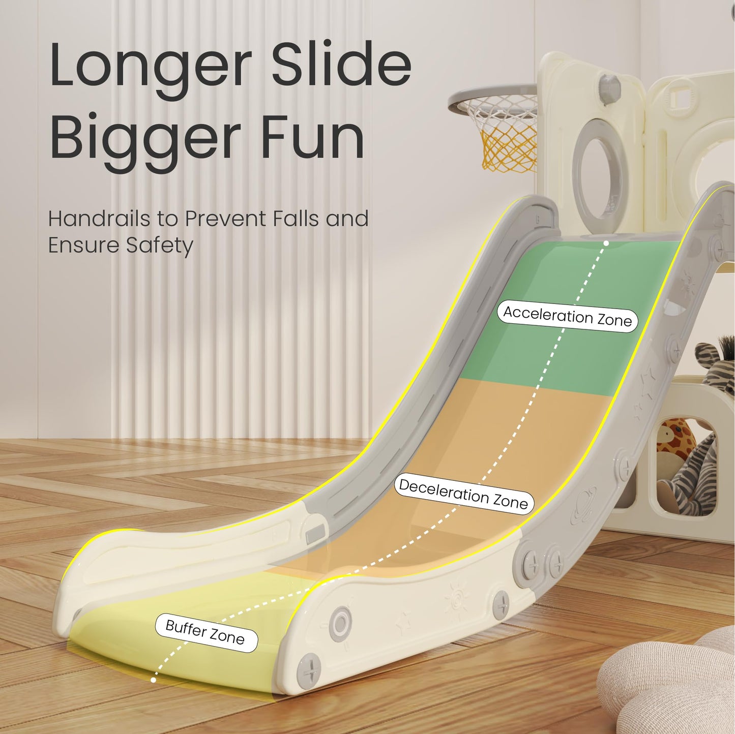 hoopyosms Kids Slide with Climbing Frame, Basketball Hoop and Tunnel, Indoor Plastic Slide Set for Kids, Montessori Toy for Playground, Grey