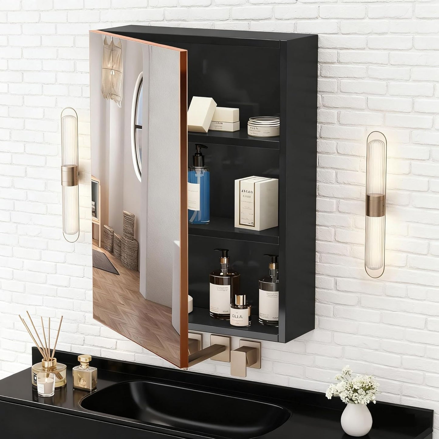 Aovquof Mirror Cabinet with Lighting - 90 x 60 cm Bathroom Mirror Cabinet with Storage Space, Bathroom Mirror Cabinet with Adjustable Dimmable LED Lights with Demist Function, Modern Cream Colour