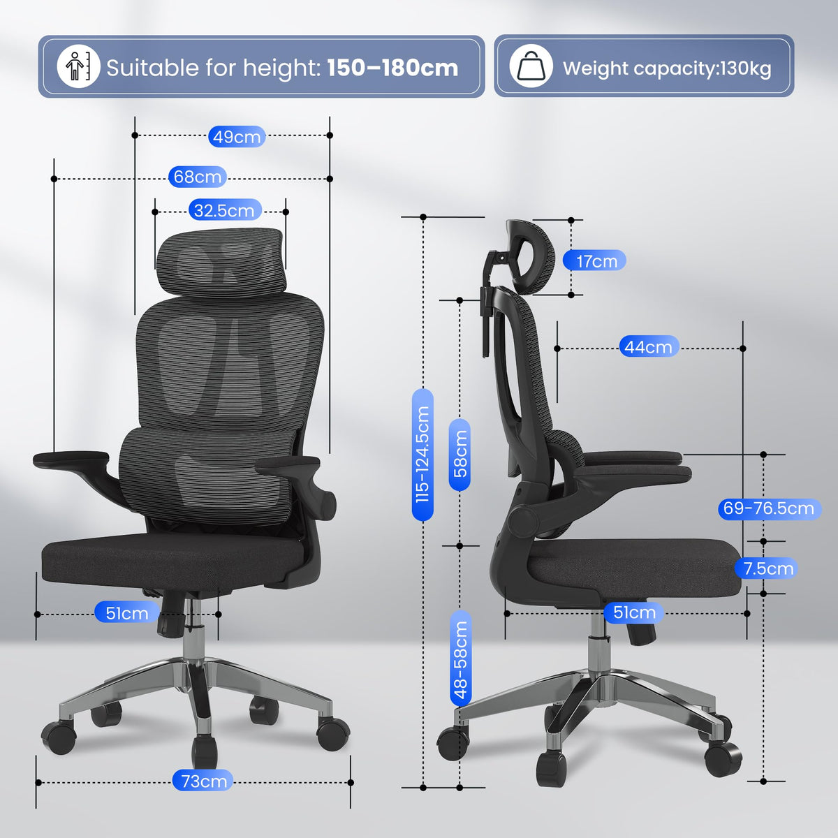 FLEXISPOT OC3C Office Chair Ergonomic Desk Chair Computer Chair Height-Adjustable Seat Headrest Armrest Lumbar Support Swivel Castors Work Chair