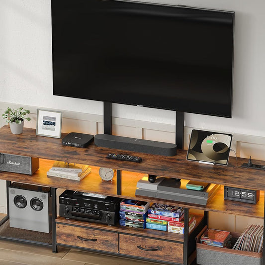 FUSOU TV Cabinet with Bracket and LED Lights, Lowboard for TVs up to 70 Inches, TV Stand with 2 Drawers, 5 Open Compartments, TV Cabinet for Living Room, Vintage Brown/Black