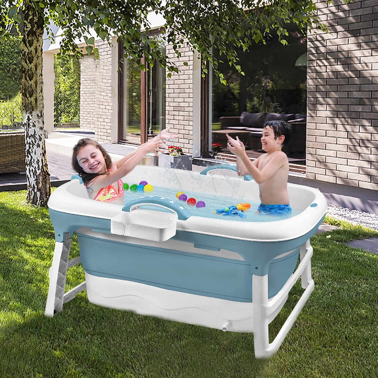 LARS360 Foldable Bathtub, Adult, Travel Bathtub, Folding Bathtub with Removable Cover, Soap Basket, Massage Rollers, Mobile Bathtub for Small Bathroom (118 x 62 x 53 cm)
