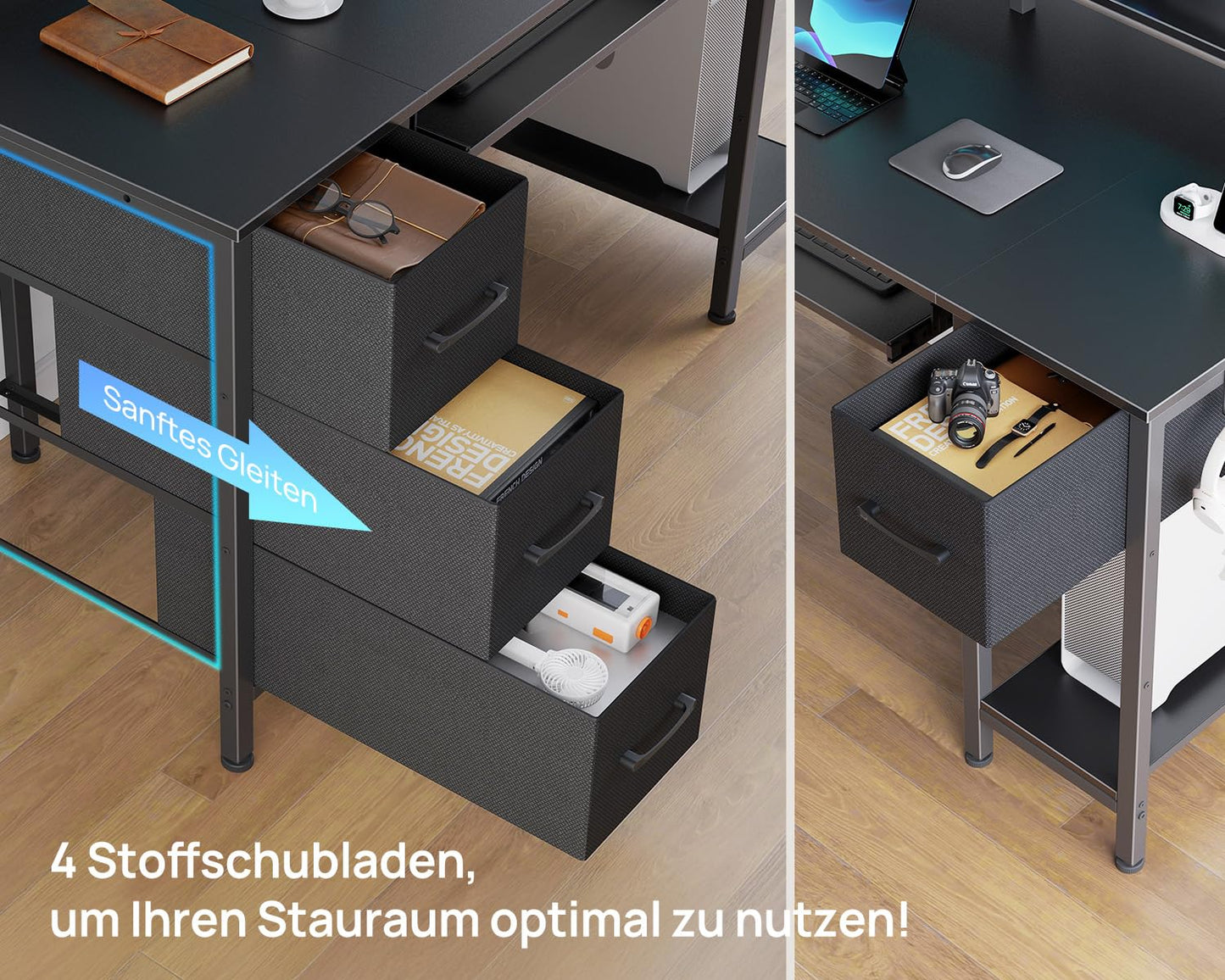 Rolanstar Desk with Drawers, 120 x 47 cm Gaming Table with Socket, LED & Monitor Stand, Computer Desk with Keyboard Tray, Gaming Desk for Home Office, Office, Living Room, White