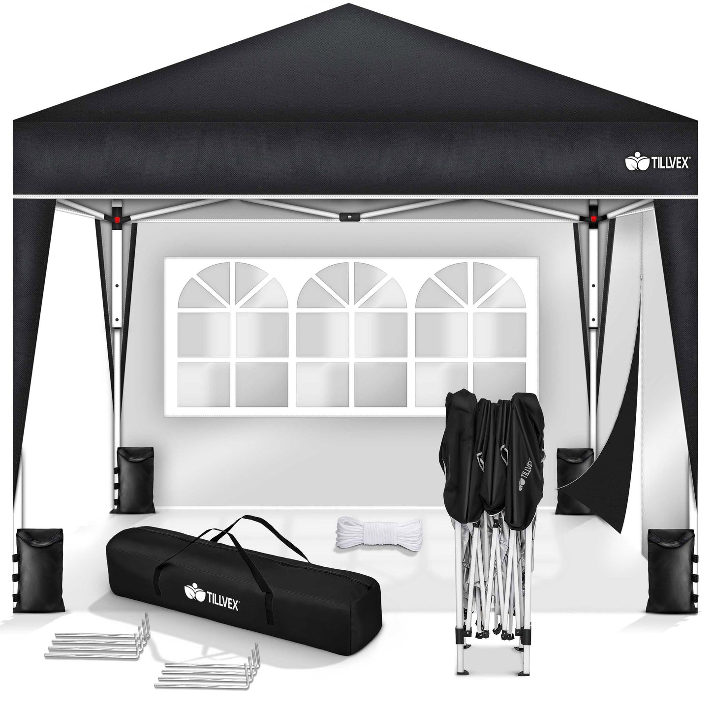 tillvex Gazebo 3 x 3 m Waterproof with 4 Side Panels + Set of 4 Sandbags Pop-Up Folding Gazebo Stable & Height Adjustable Garden Tent UV Protection 50+ Party Tent with Bag for Garden, Grey