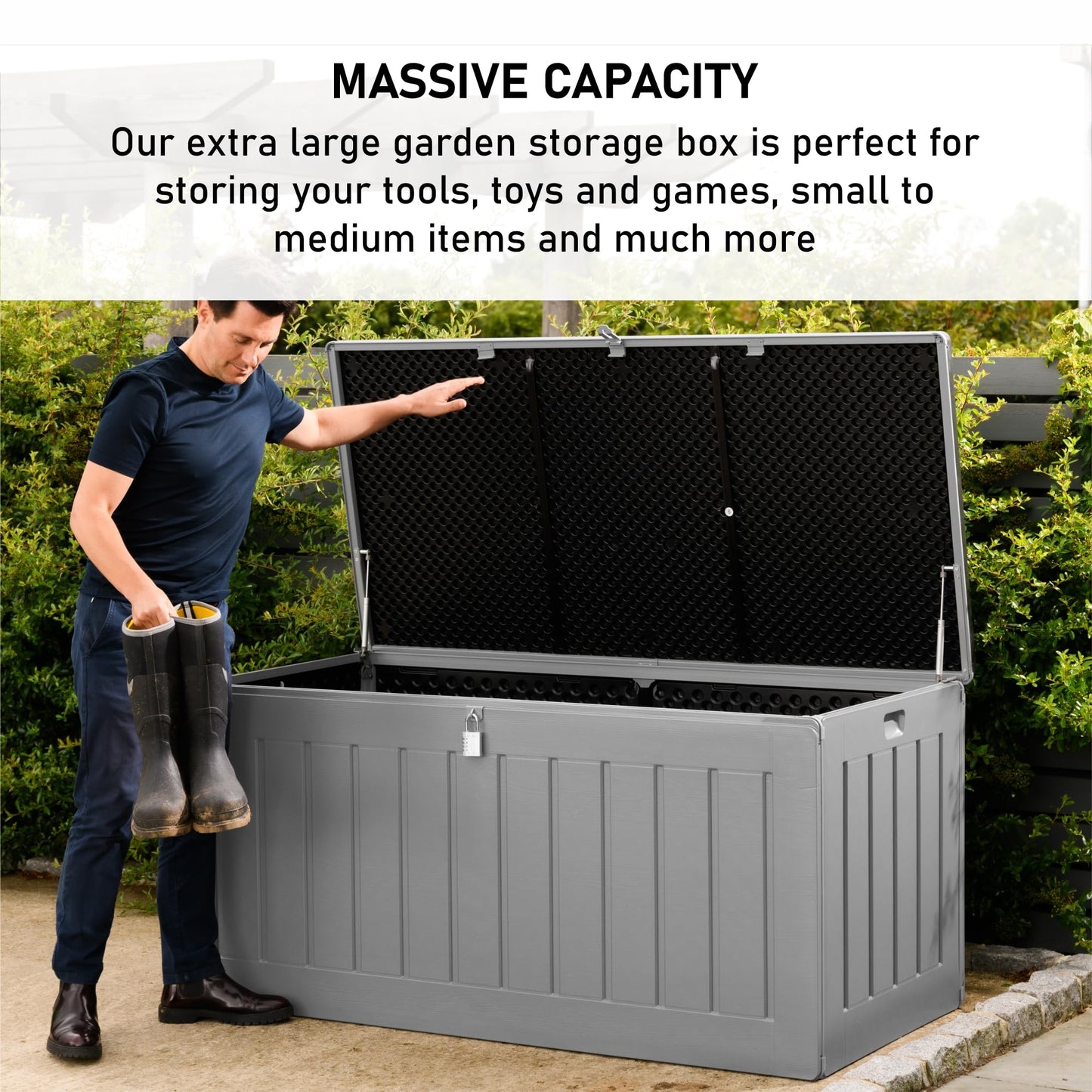 Olsen & Smith 270L Large Capacity Outdoor Garden Storage Box with Padlock Plastic Shed - Weatherproof and Stand Up with Wood Effect Chest (270L, Black)