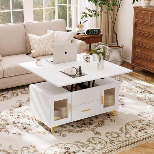 VOWNER Coffee Table Height Adjustable, 3-in-1 Multifunctional Living Room Table with Drawer, Coffee Table with Storage Space, Convertible into Living Room Dining Table, White