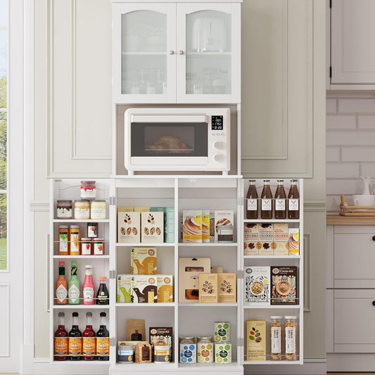 HOCSOK 181 cm Tall Kitchen Cabinet, Buffet Cabinet with Microwave Shelf and 8 Door Shelves, Freestanding Kitchen Storage Cabinet for Kitchen, Modern Style, White