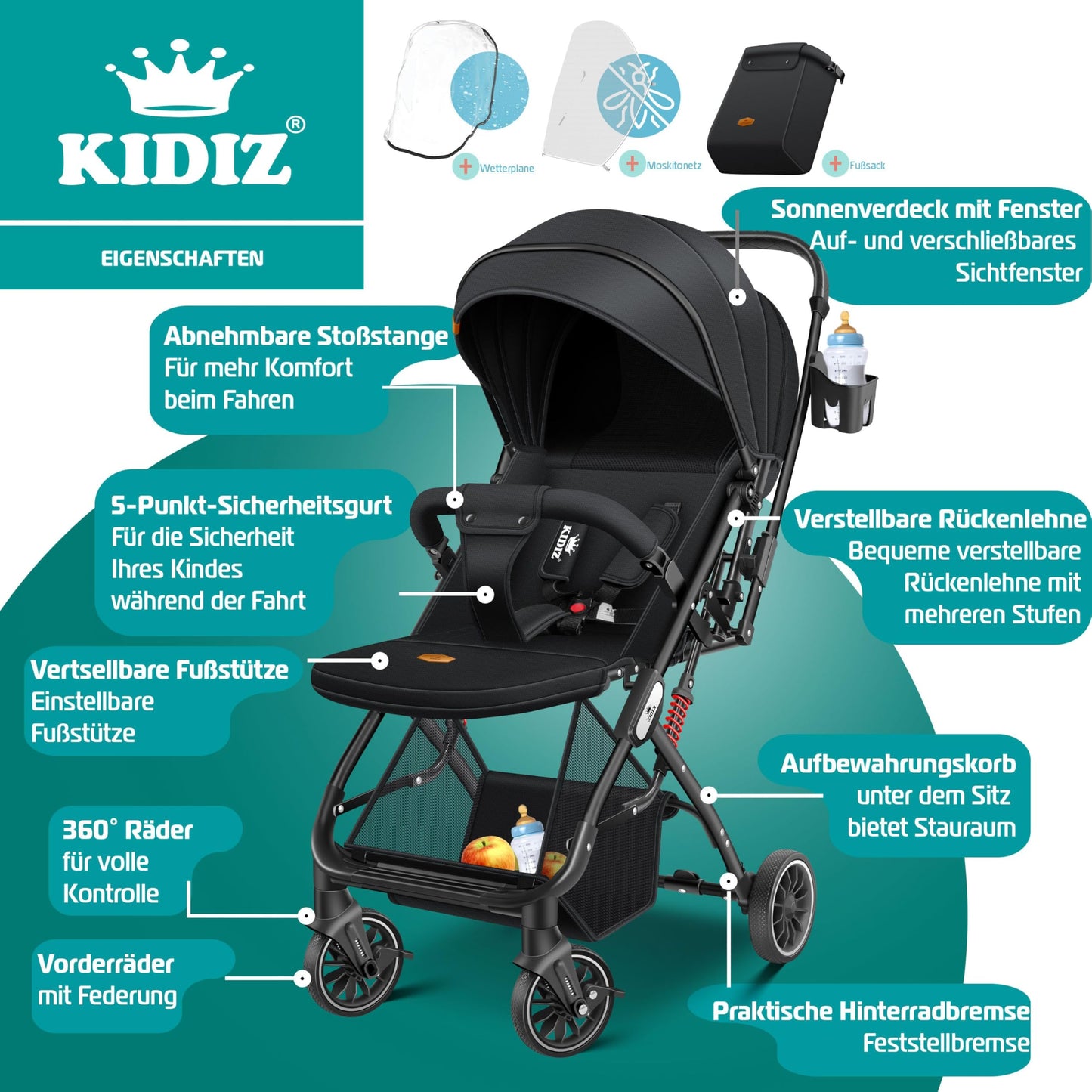 KIDIZ® Folding Pushchair Pushchair Pushchair Sports Pram Foldable 360° Wheels 5-Point Strap Including Footmuff, Drink Holder, Rain Cover & Mosquito Net Adjustable Backrest & Sun Canopy