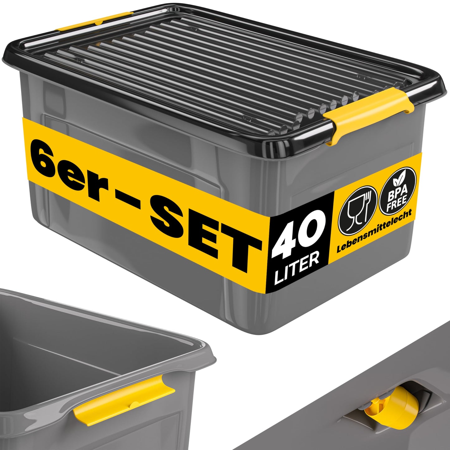 Monzana 4 x Storage Boxes 40 L with Lid 40 kg Load Capacity Plastic BPA Free Click Closure Stable Flexible Stackable Opaque Cellar Garage Box