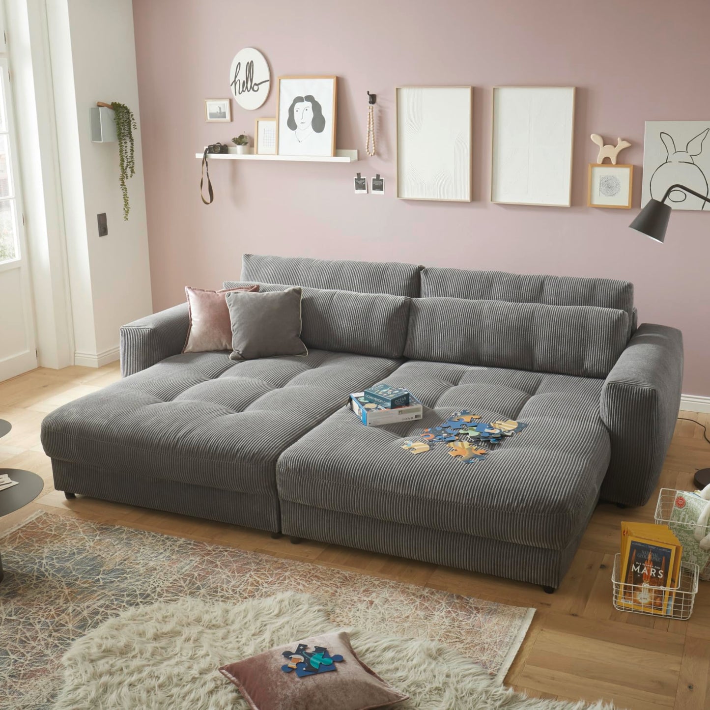 Barura Big Sofa in Corduroy Look, Ash - Comfortable Living Room Couch with Large Lying Surface - 292 x 90 (74) х 194 cm (W x H x D)