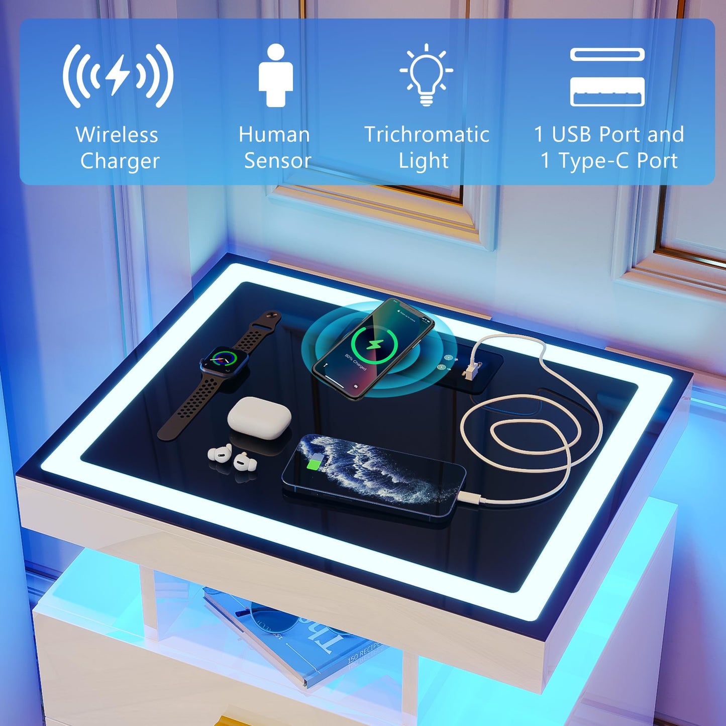 Lvifur LED Bedside Table with Charging Function, Smart Bedside Cabinet with 3 Lights, Dimmable, High Gloss Sideboard with 3 Drawers, USB Type-C Automatic Sensor, Bedroom, White