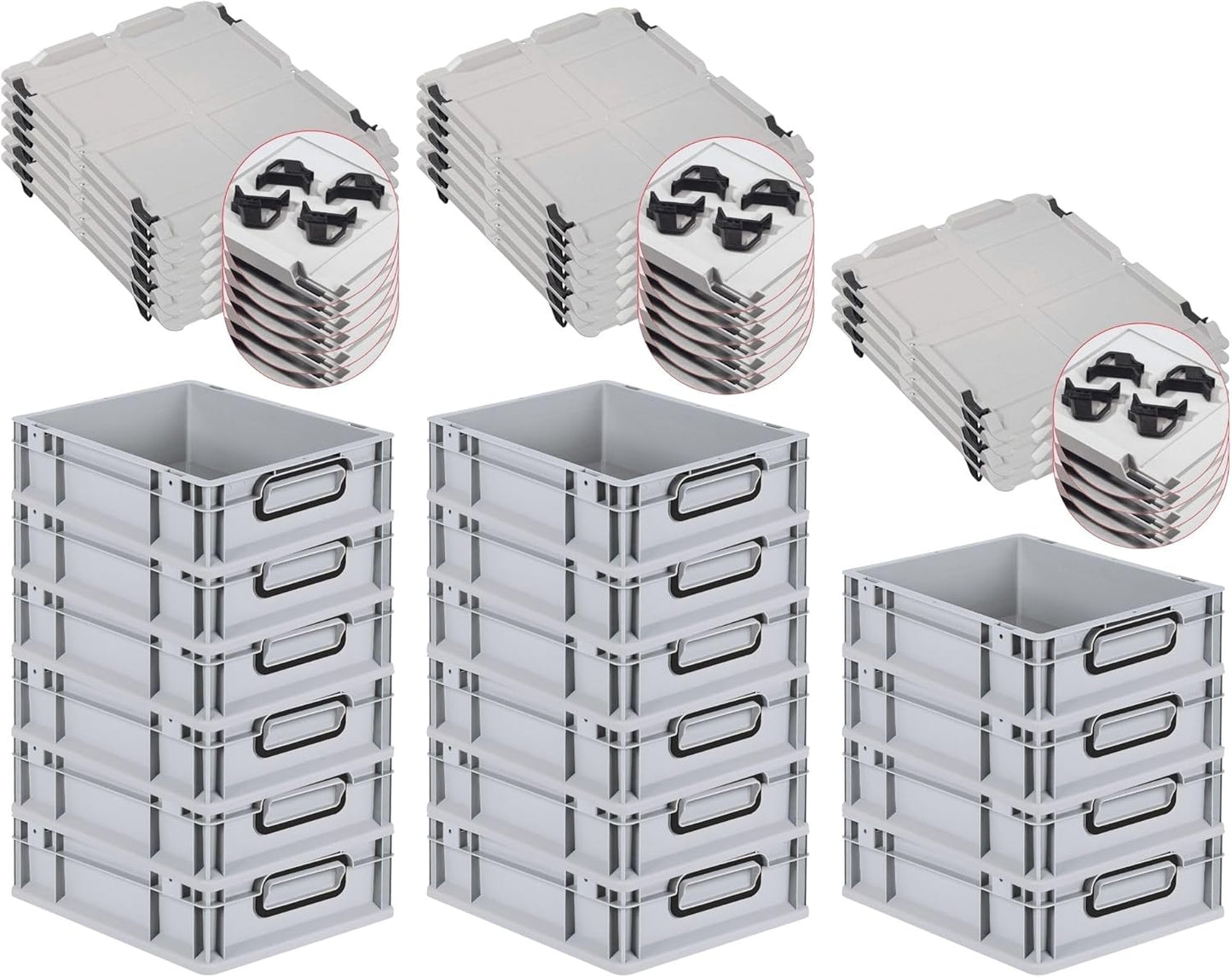 PROREGAL Economy Set of 5 Eurobox NextGen Colour with Lid and Sliding Snap Fasteners, H x W x D 22 x 30 x 40 cm, 20 L, Black, Closed Handles, Euro Container, Transport Box, Transport Container