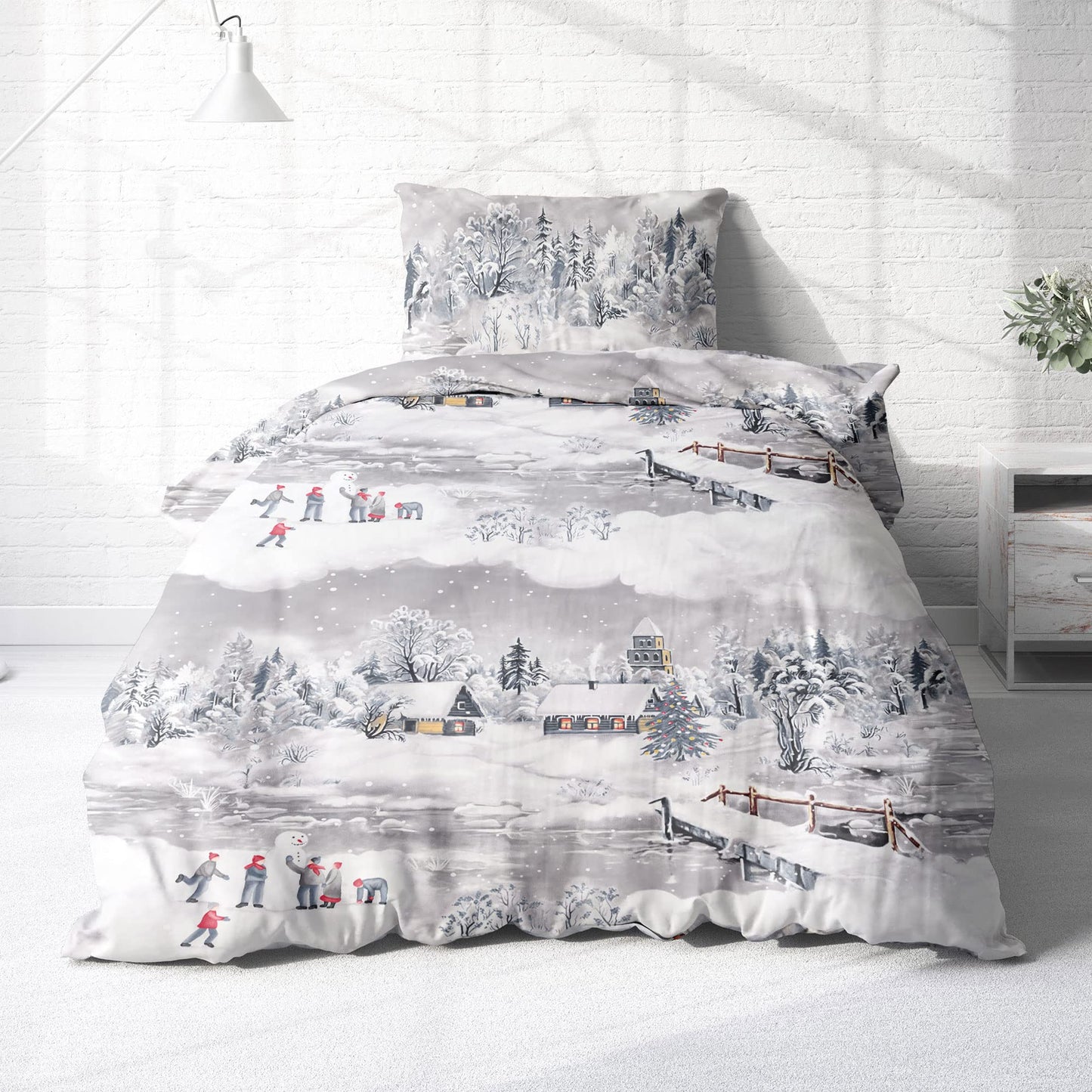 Träumschön Flannelette Bed Linen 135 x 200 cm 2-Piece Cuddly Bed Linen Snow Landscape 100% Cotton Ideal for Winter, 135 x 200 cm
