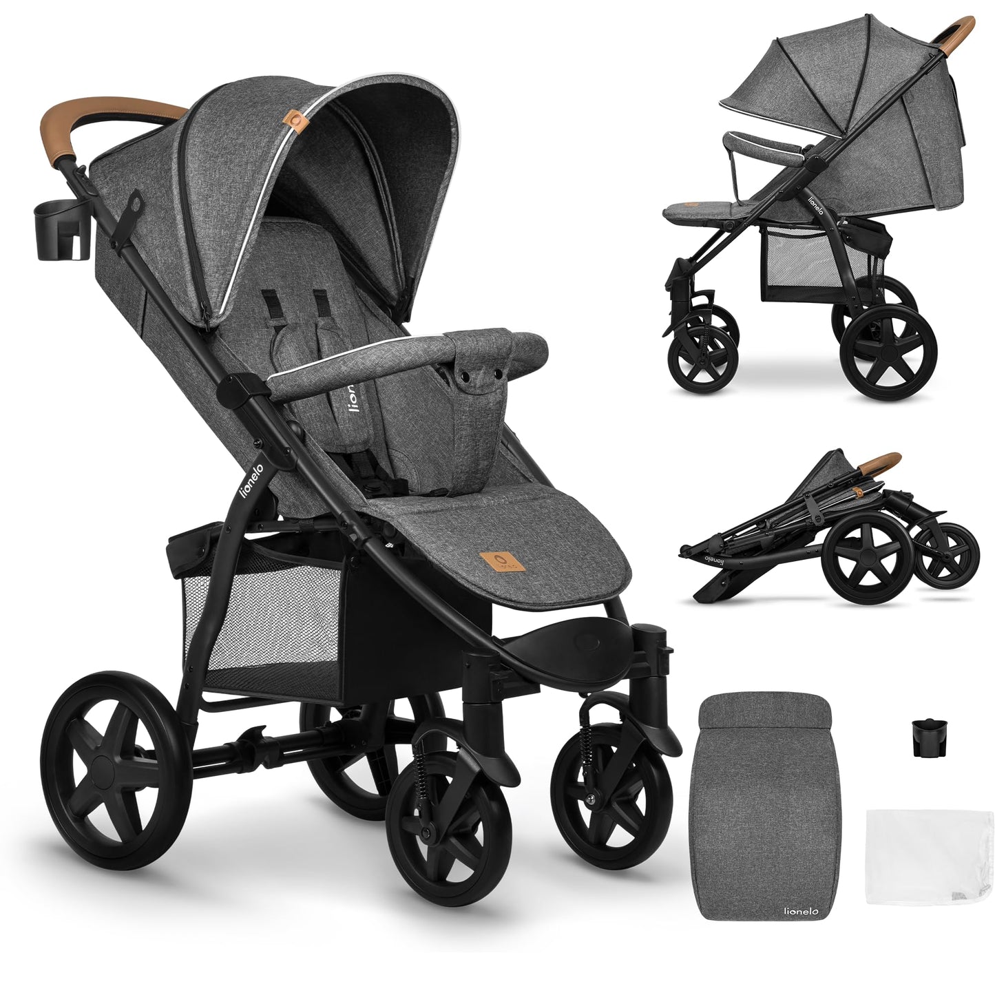 LIONELO Annet Buggy up to 22 kg with Reclining Function, Small Folding Pushchair with Accessories, EVA Foam Wheels, Mosquito Net, Foot Cover Drink Holder, Basket