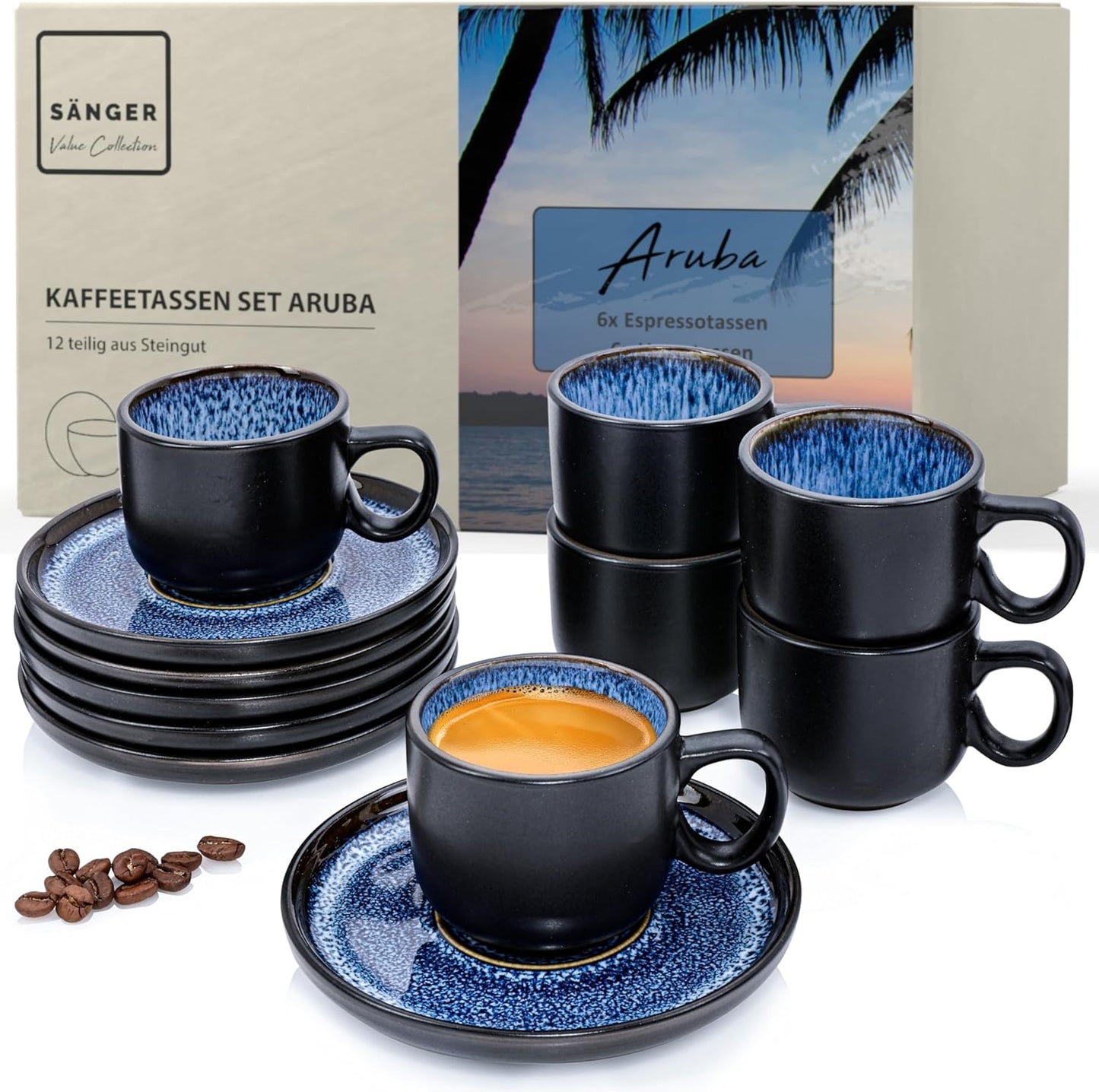 SÄNGER Manila Dinner Service for 6 People, Plate Set, Coffee Mug, Pasta Bowl, 30 Pieces, Stoneware Crockery Set, Dishwasher, Microwave, Scratch-Resistant, Blue with Black Rim, Value Collection