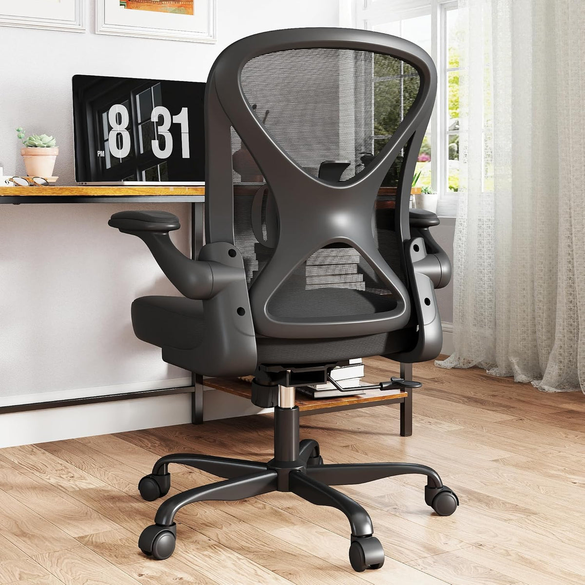 ZZH Ergonomic Desk Chair, Mesh Office Chair with Adjustable Lumbar Support & Folding Armrests, Breathable Computer Chair for Home Office with 360° Rotation & Height Adjustment, Black