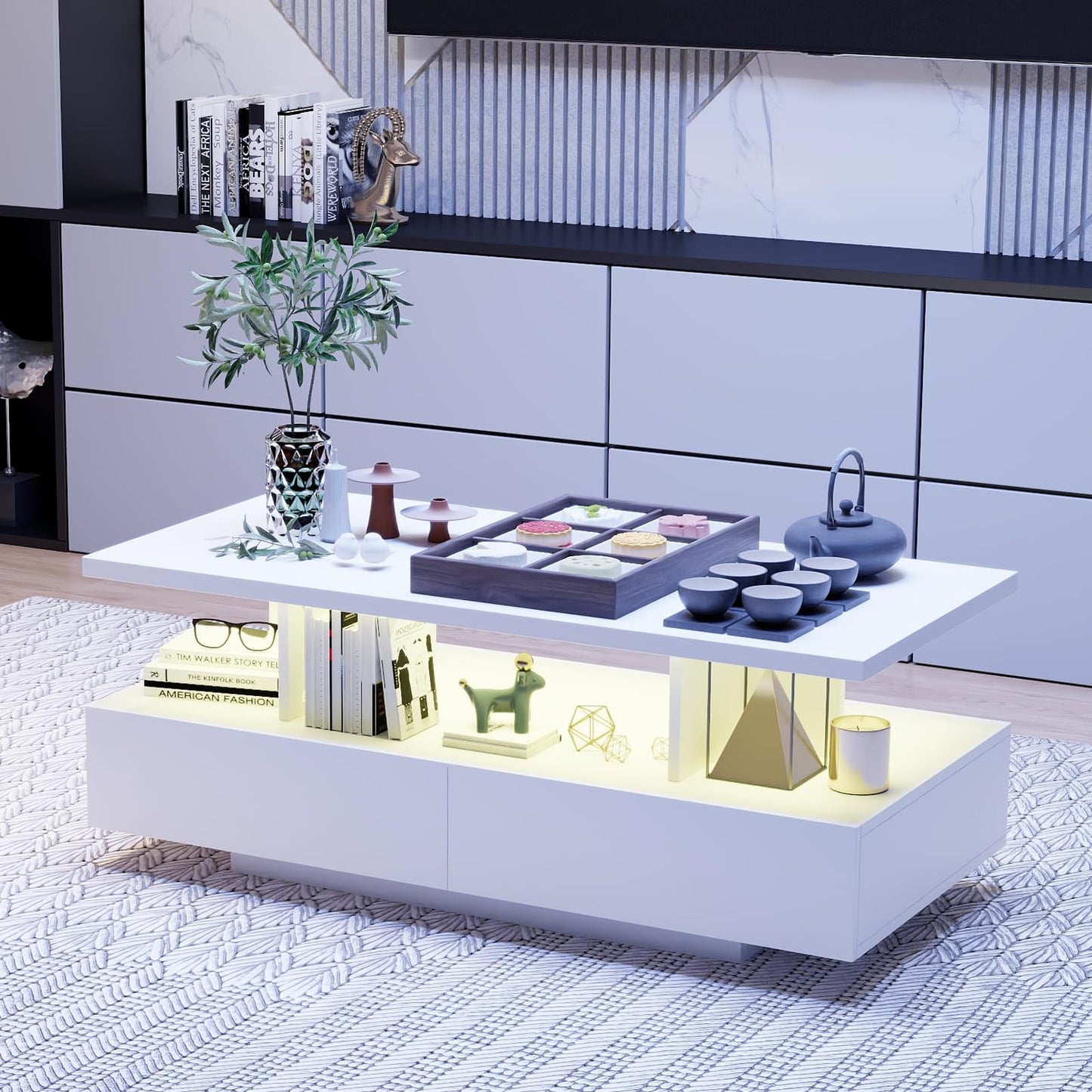 YU YUSING LED Coffee Table, Living Room Table, Coffee Table with 2 Drawers, 2 Shelves, 6000 Coloured LED Lighting, Remote Control, App Control, Side Table with Open, 105 x 50 x 39 cm, Modern White