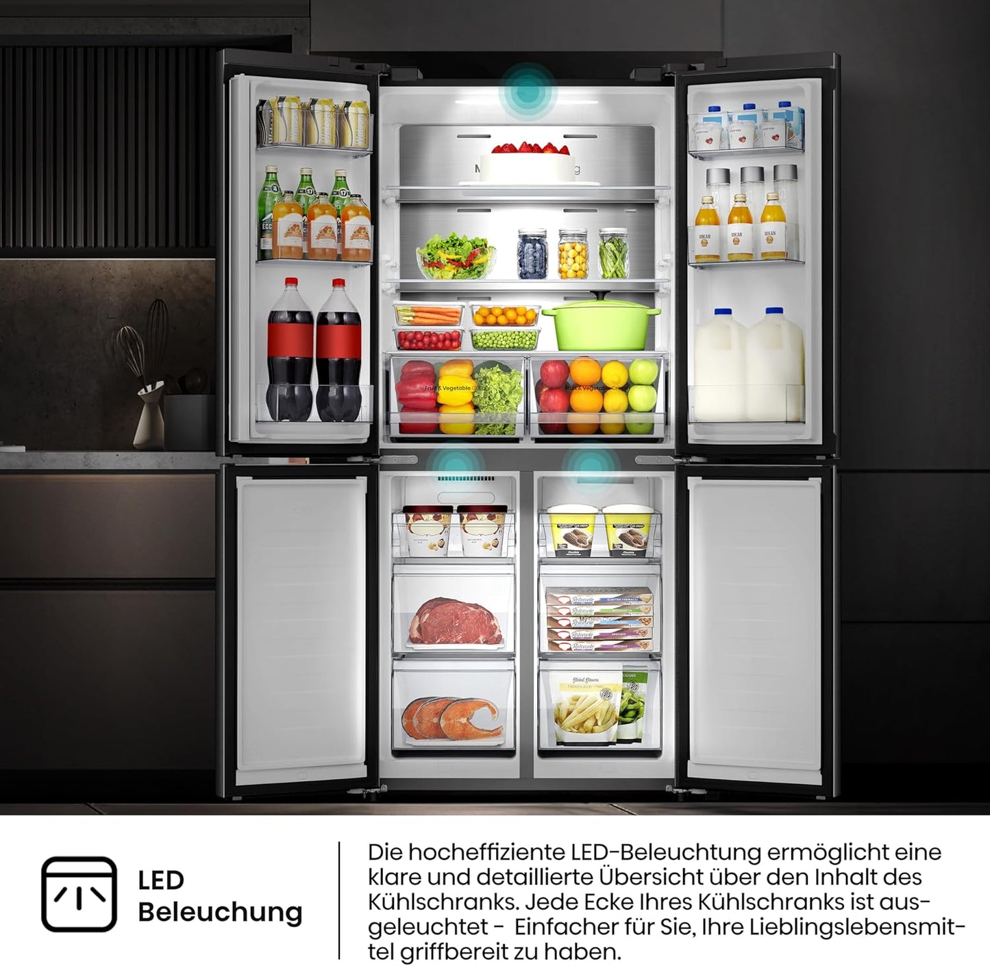 Hisense RQ5P470SAFD Cross-Door Fridge-Freezer, 304 Litre Fridge Compartment, 179 Litre Freezer, Total NoFrost, Wifi, Multi AirFlow, FastFreeze, Energy Efficiency Class D, 178.5 cm x 79.4 cm, Black