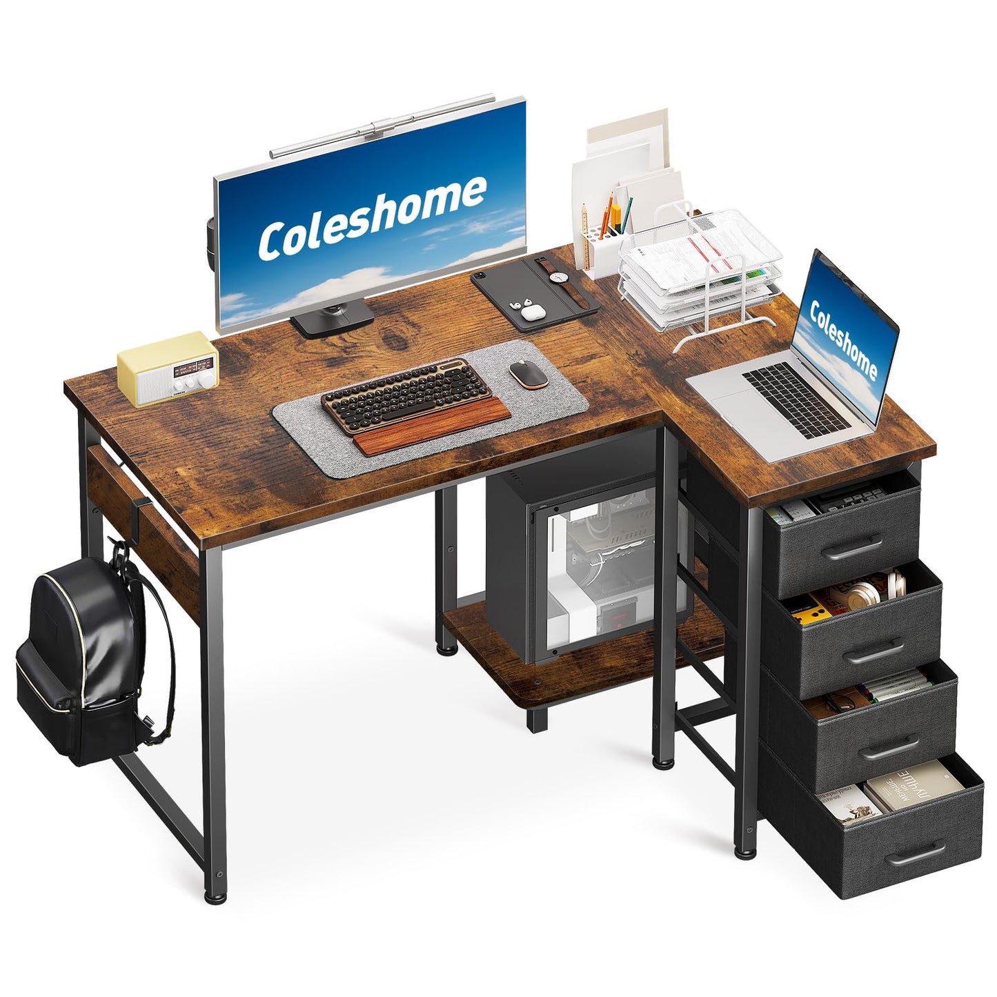 Coleshome Corner Desk, 100 x 70 cm, L Shape Desk with 4 Drawers, Reversible Computer Desk for Office, Study, Bedroom, White