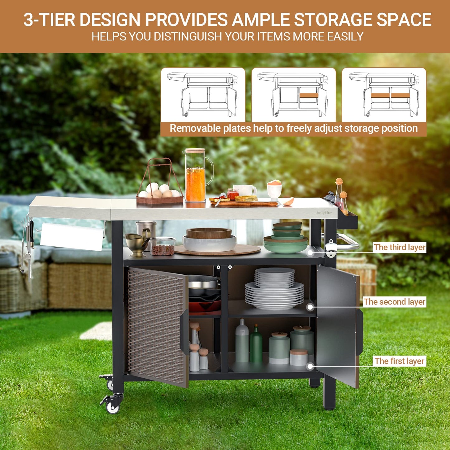 onlyfire Outdoor Barbecue Table, Grill Trolley with Folding Side Shelves, Outdoor Serving Trolley with Wheels, BBQ Table, Outdoor Side Table, Three Levels, Stainless Steel Table Top, 97.5 × 56 × 91 cm