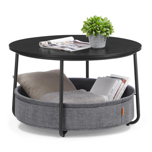 VASAGLE LCT244W10 Round Coffee Table with Storage Space Side Table Living Room Table with Fabric Basket Modern Metal Frame Matt White Camel Brown
