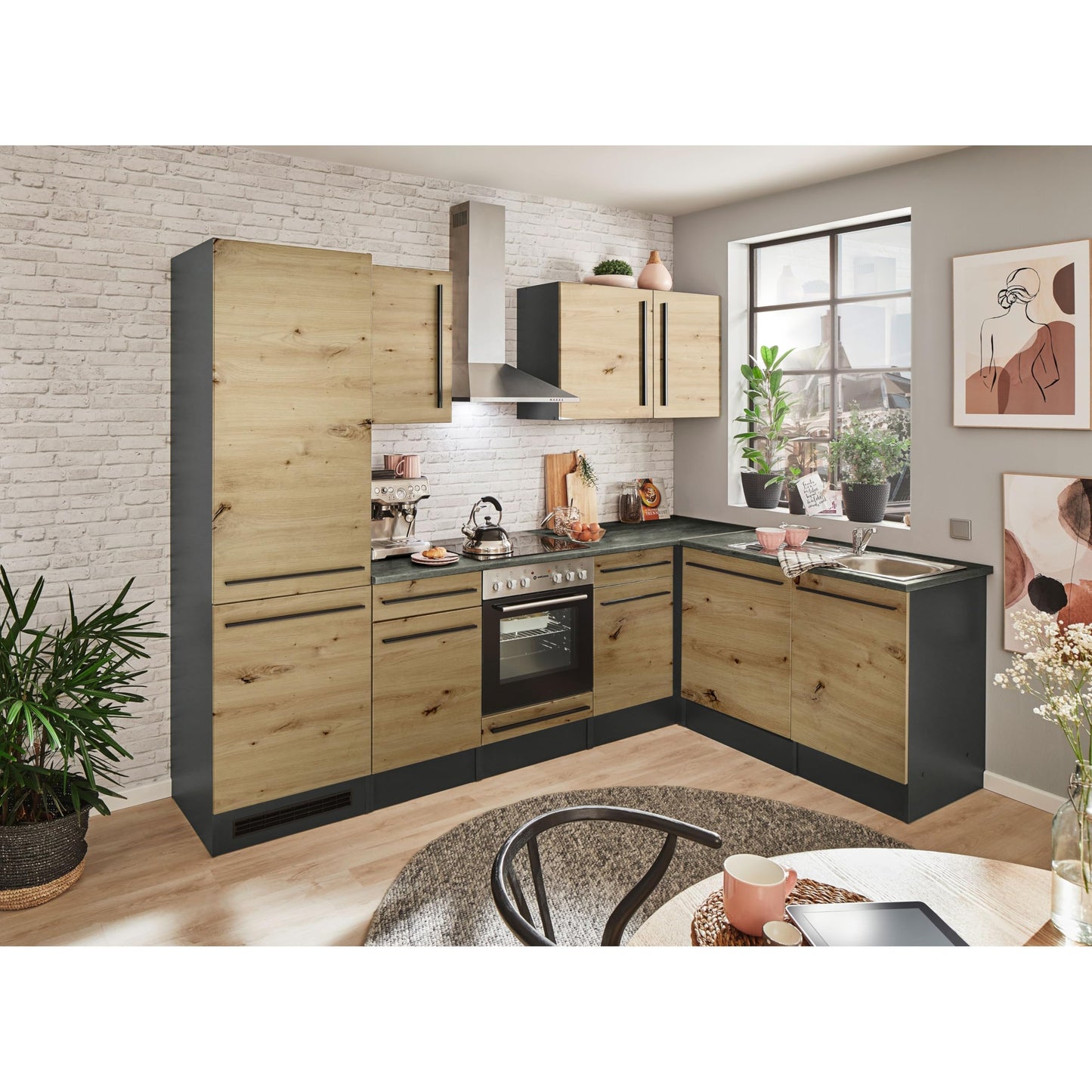 Jazz 8 Modern Corner Kitchen without Electrical Appliances in White High Gloss, Metallic Grey - Spacious Kitchen Unit in L-Shaped with Lots of Storage Space - 220 x 211 x 60 cm (W x H x D)