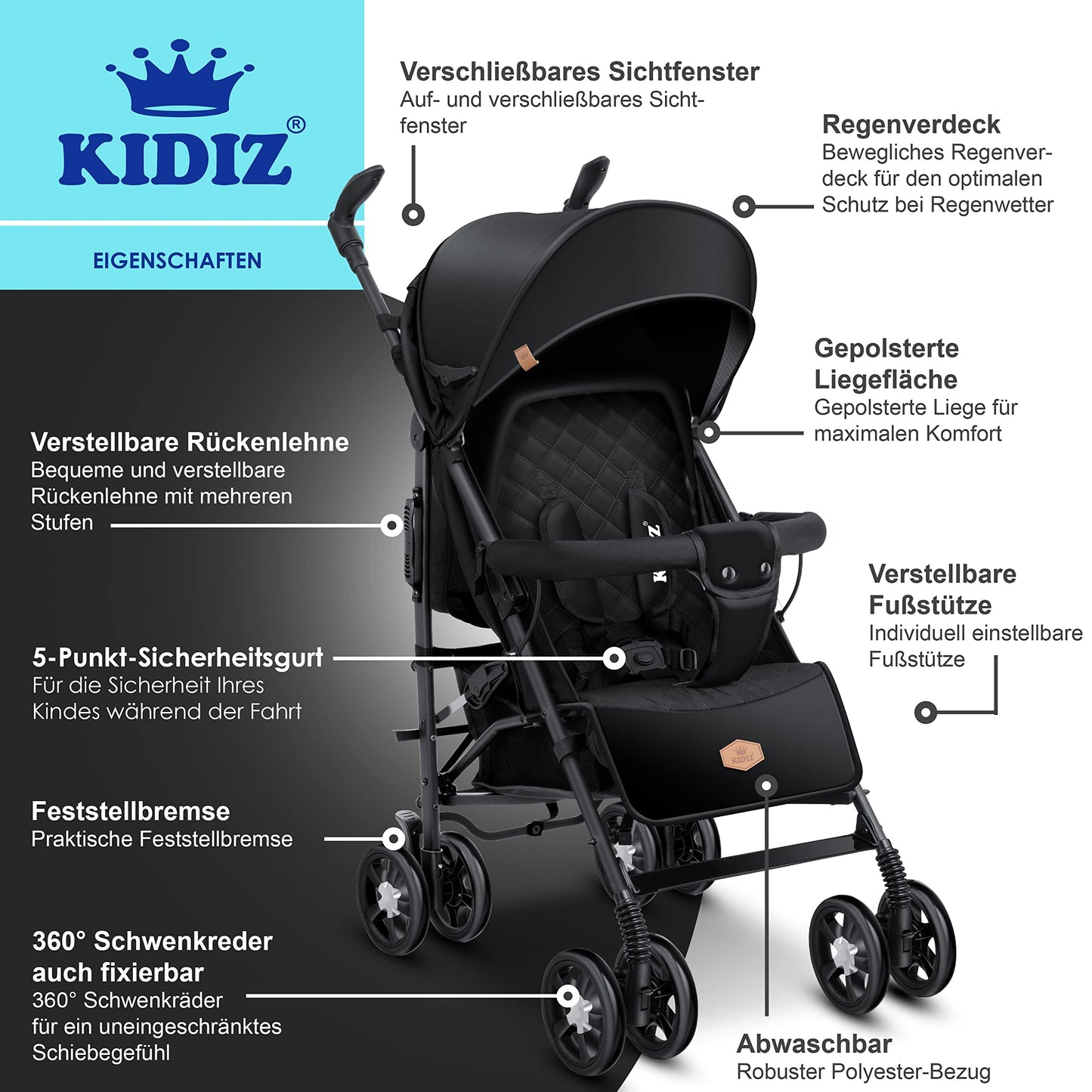 KIDIZ® City-Pro Pushchair Folding Pushchair Pushchair Sports Pushchair Foldable 360° 6 Inch Wheels Includes Mosquito Net, Footmuff and Rain Cover Foldable Sleep Function Blue