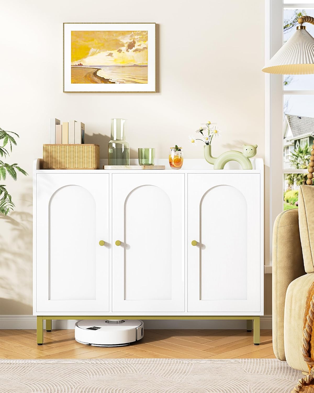 Hzuaneri SC21313G Sideboard, Storage Cabinet, Kitchen Cabinet, Kitchen Chest of Drawers, 3 Doors, Adjustable Shelves, Buffet Cabinet for Kitchen and Living Room, 30 x 100 x 80.5 cm, White