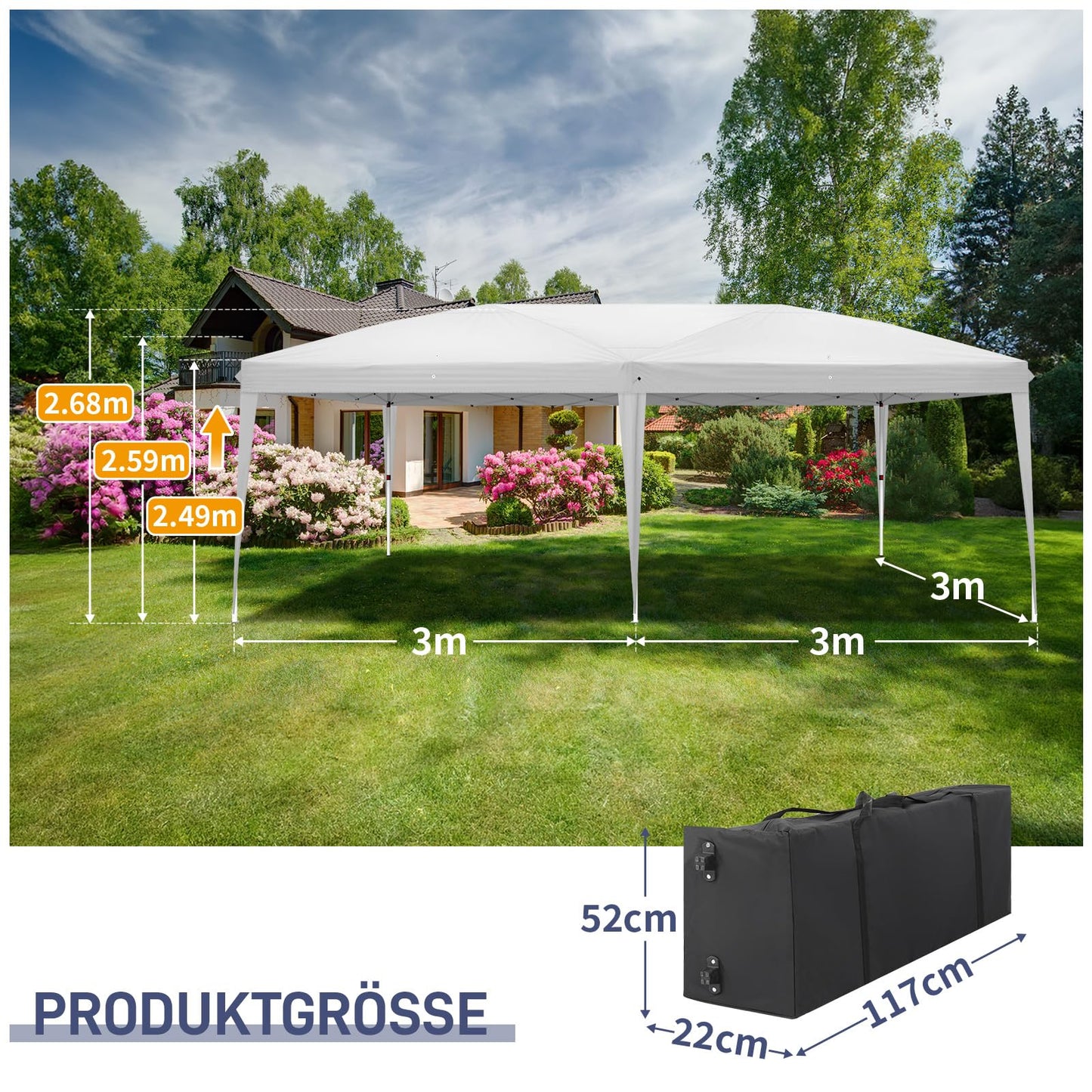 Gazebo 3 x 6 m, Folding Gazebo, Waterproof, Stable, Winterproof, UV Protection 50+, 420D Oxford, Foldable Height Adjustable, Party Tent, Garden Tent, for Garden, Camping, Outdoor, Black, 6
