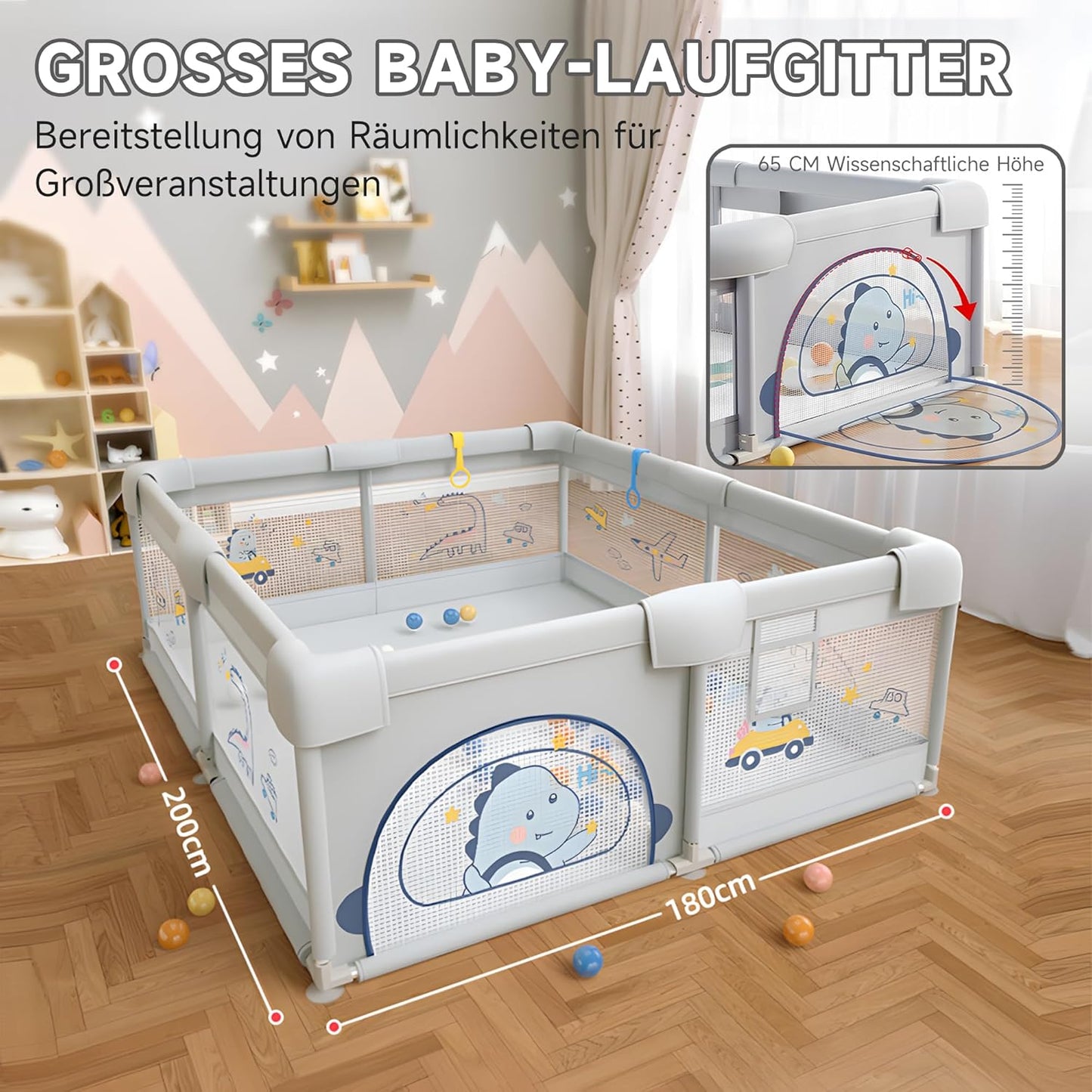 Baby Playpen, 200 x 180 cm, Baby Playpen with Non-Slip Base, Stable and Safe Indoor Baby Playground, Includes 60 Sea Balls, 4 Handles, Playpen, Storage Bag, (Dinosaur Pattern)