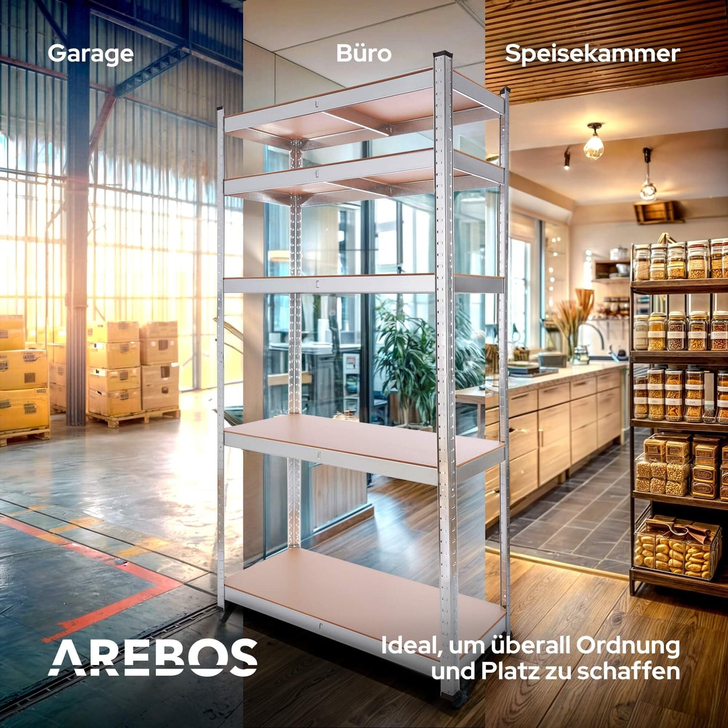 Arebos Heavy Duty Shelves in Various Sizes, Max. 875 kg Load Capacity, Easy Installation Thanks to Plug-in System