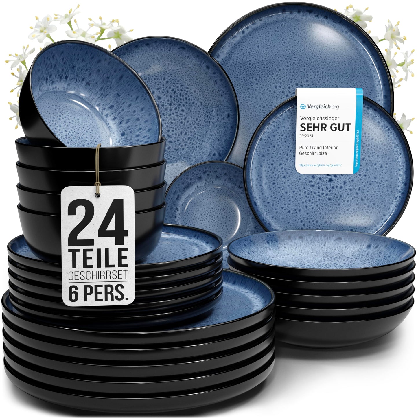 Ibiza Stoneware Crockery Set for 12 People, 48 Pieces, Test Winner, Dreamlike Mediterranean Stoneware Crockery Set, Bowl and Plate Set, Dinner Service for 12 People, Pure Living Crockery Sets in Deep