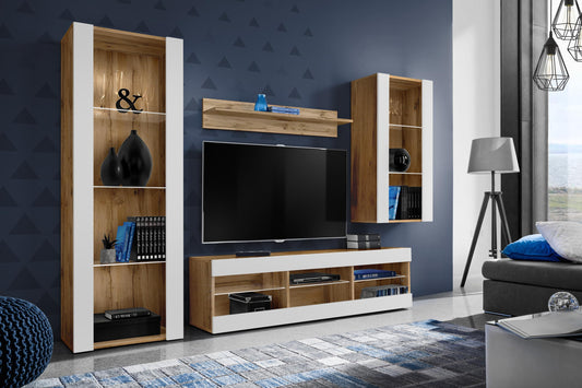 Komodee Tivoli Medio Wall Unit Living Room Set, Black/Black, Width 245 cm x Height 159 cm x Depth 35 cm, LED Blue, for Living Room, Bedroom
