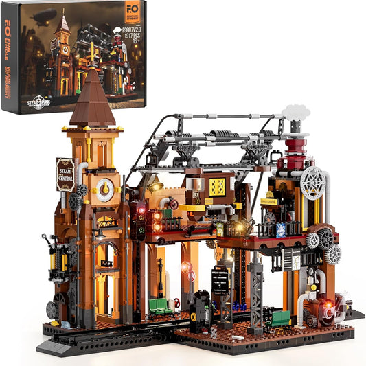 FUNWHOLE Railway Station Lighting Building Blocks Set - 1917 Pieces LED Lighting Modular Construction Model Set for Adults and Teenagers