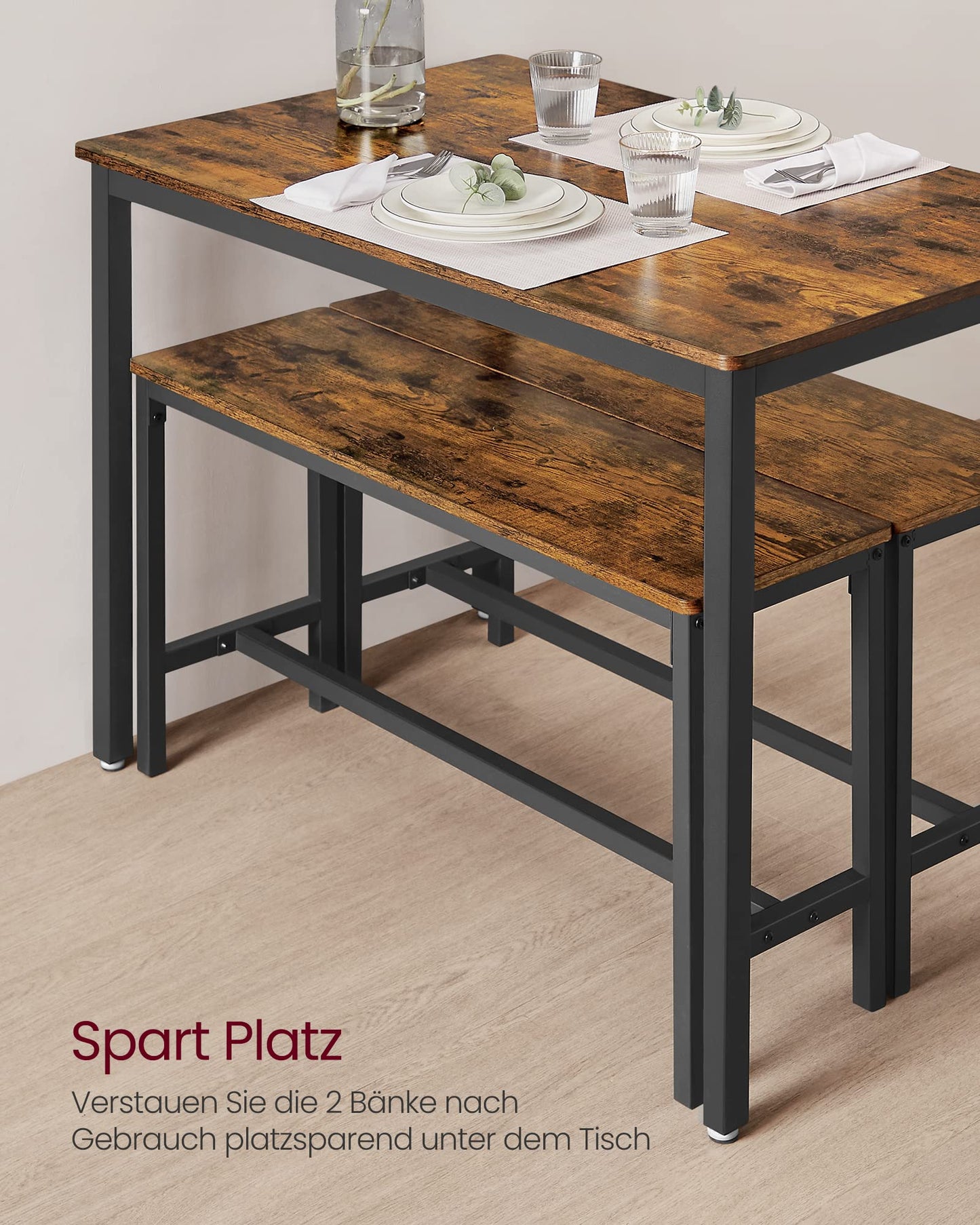 Vasagle Dining Table Kitchen Table Set 110 x 70 x 75 cm with 2 Benches 97 x 30 x 50 cm Metal Frame Kitchen Living Room Dining Room Industrial Design Vintage Brown Black KDT070B01