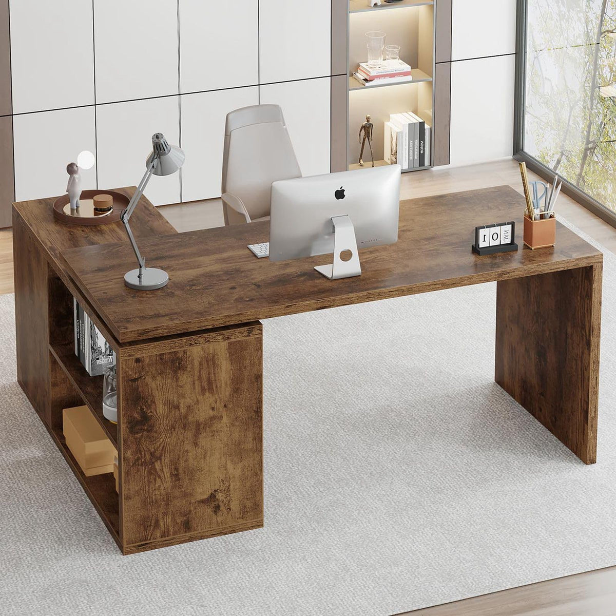 HSH Desk L Shape with Storage Space Corner Desk for Home Office Industrial Computer Desk Office Table Wood Design PC Table for Office Study Vintage Grey 140 cm