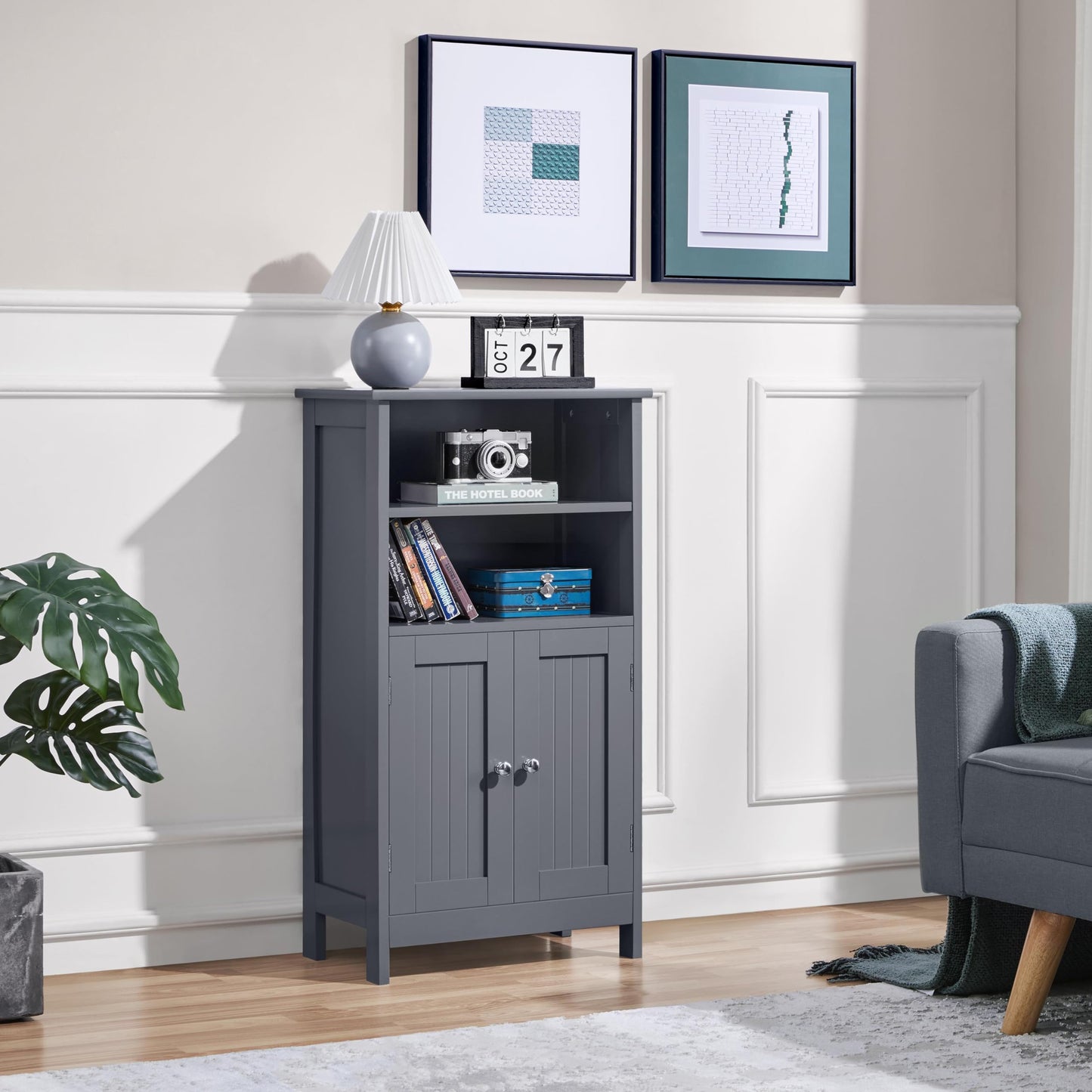 Yaheetech Bathroom Cabinet with Double Door and 2 Open Shelves Bathroom Shelf Bathroom Chest of Drawers with Adjustable Shelf Dark Grey 50 x 30 x 92.5 cm