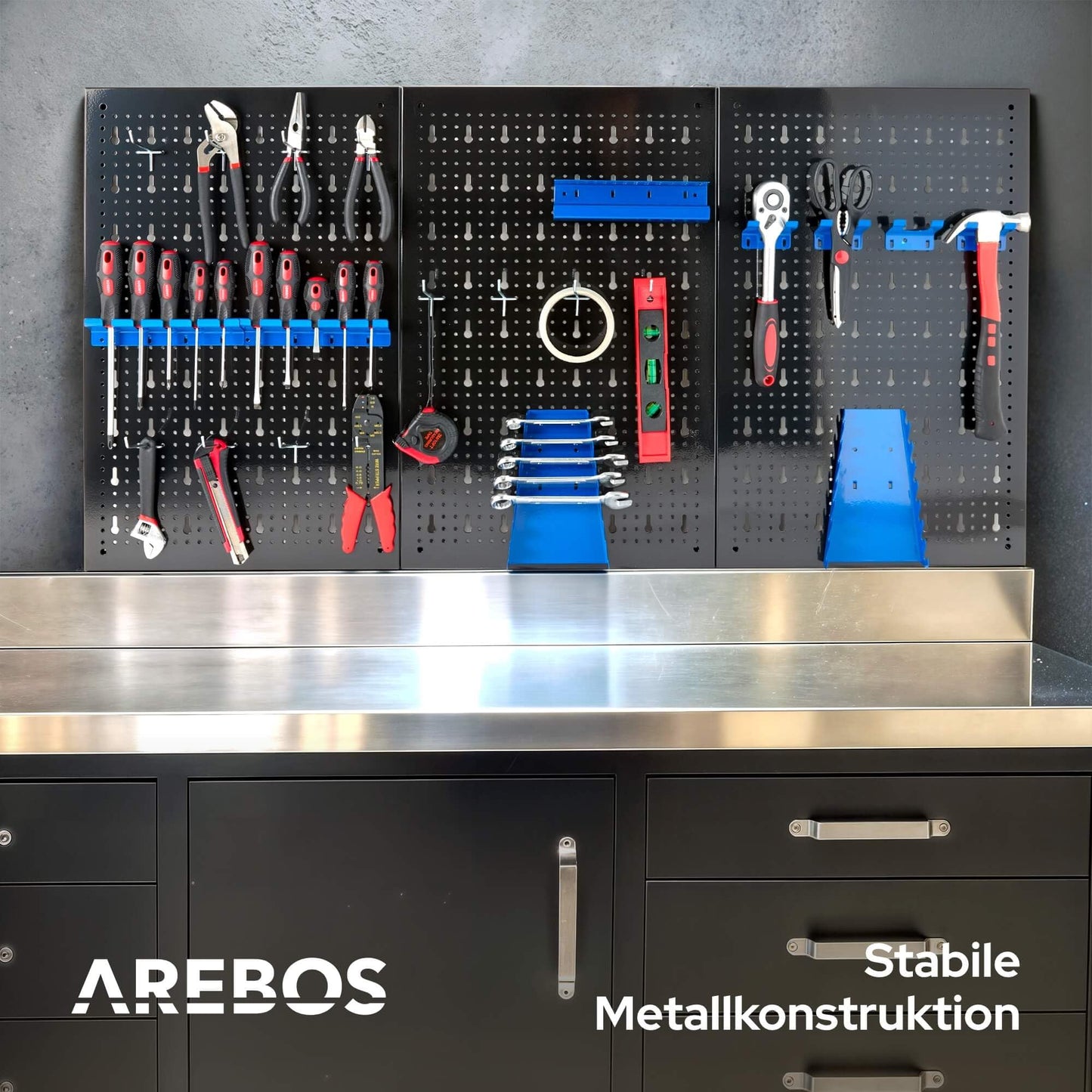 Arebos Tool Wall 3 Panels, 17- Piece Hook Set, 120 x 60 x 2 cm