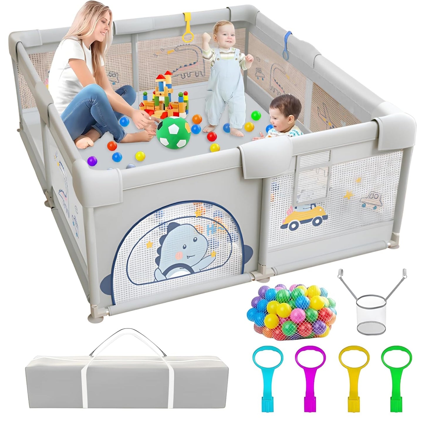 Baby Playpen, 200 x 180 cm, Baby Playpen with Non-Slip Base, Stable and Safe Indoor Baby Playground, Includes 60 Sea Balls, 4 Handles, Playpen, Storage Bag, (Dinosaur Pattern)