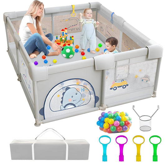 Baby Playpen, 200 x 180 cm, Baby Playpen with Non-Slip Base, Stable and Safe Indoor Baby Playground, Includes 60 Sea Balls, 4 Handles, Playpen, Storage Bag, (Dinosaur Pattern)