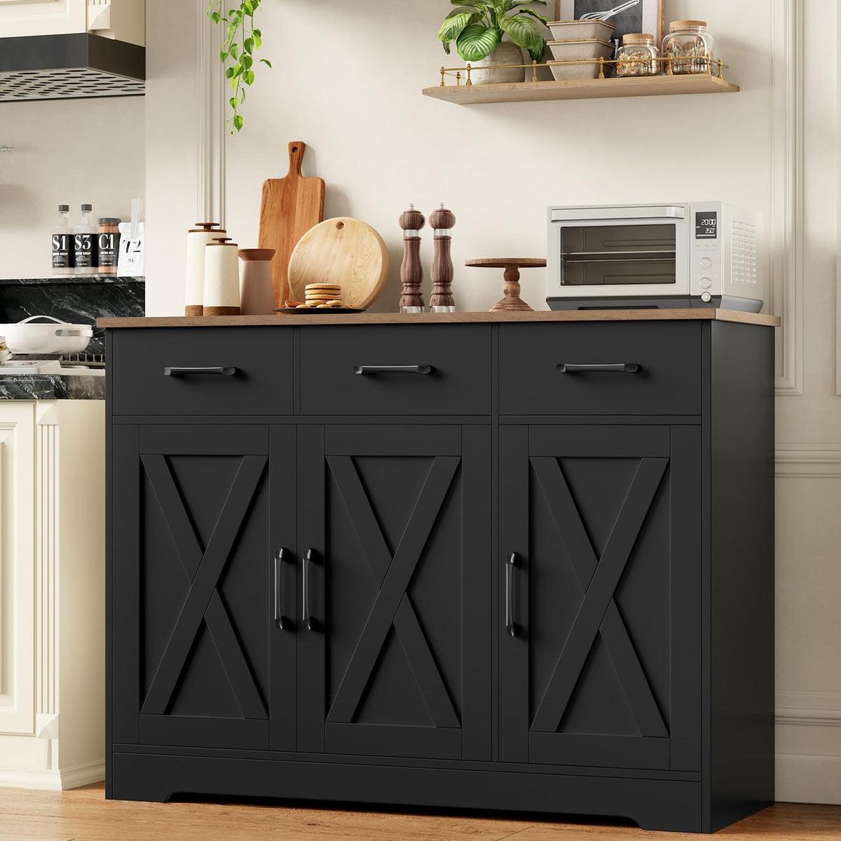 HOCSOK Sideboard, Kitchen Cabinet with 3 Drawers and 3 Doors for Kitchen, Buffet Cabinet with Worktop for Dining Room, Living Room, Wood, White & Brown