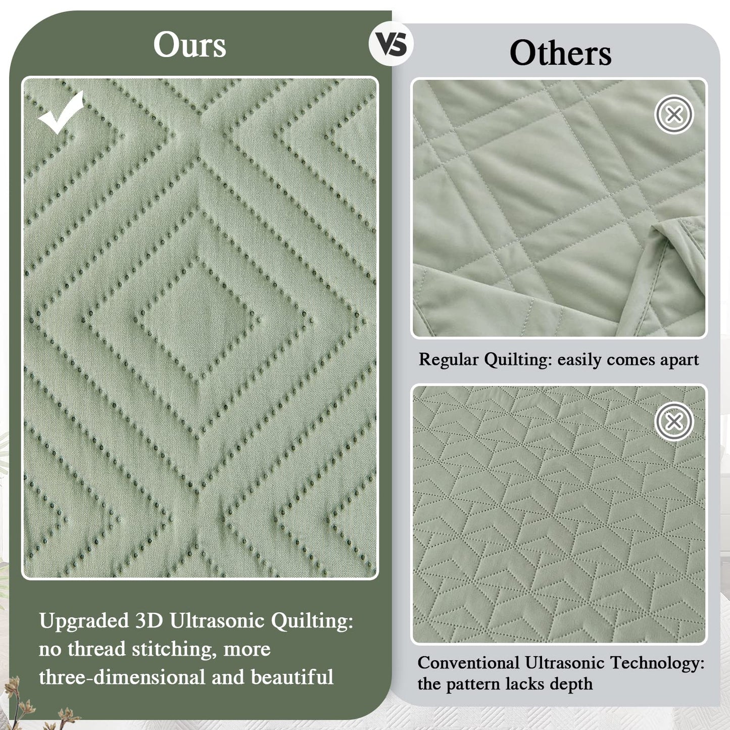 Qucover Tagesdecke Bettüberwurf 220x240cm Grün, Bedspreads aus Mikrofaser, Bettüberwuf Set mit 2 Kissenbezügen 50x75cm,Steppdecke bei 3D-Ultraschal genäht, Sofaüberwurf Bettüberwurf Überwurfdecke