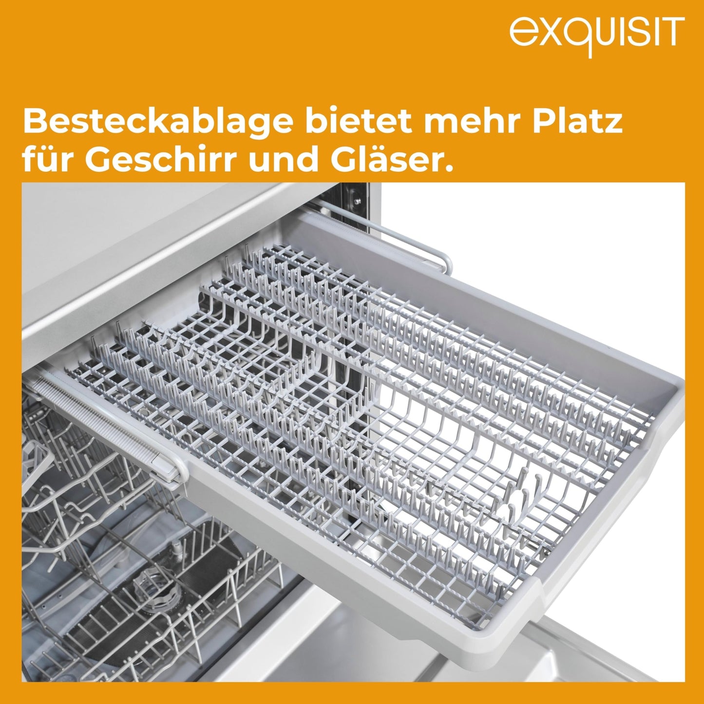 Exquisit PRO GSP56314-030C Dishwasher 60 cm, Undermountable, Energy Efficiency Class: C, 14 Place Settings, Cutlery Drawer, Automatic Door Opening, Delay Start, 11 Litres, Silver