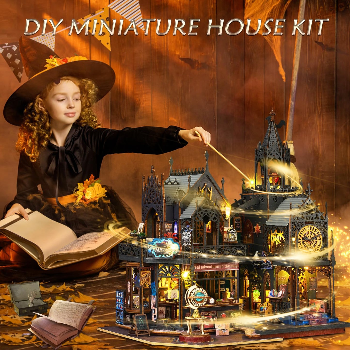 Mostop DIY Miniature Dollhouse Kit,Wooden Dollhouse Construction Kit,Miniature House Kit with LED Light und Bewegungen,Creative Room Idea for Children/Adults,Magic House,DIY Kits (Twilight Book City)
