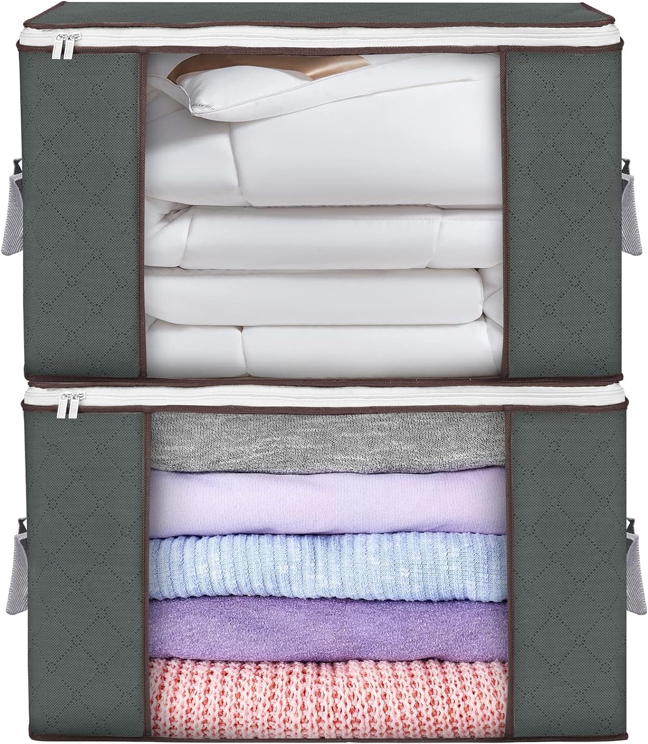 Budding Joy Pack of 6 90 L Storage Bags, Storage Boxes with Lid, Large, Clothes Storage, Moving Boxes, Foldable Underbed Wardrobe for Clothes, Duvets and Bedding, Grey