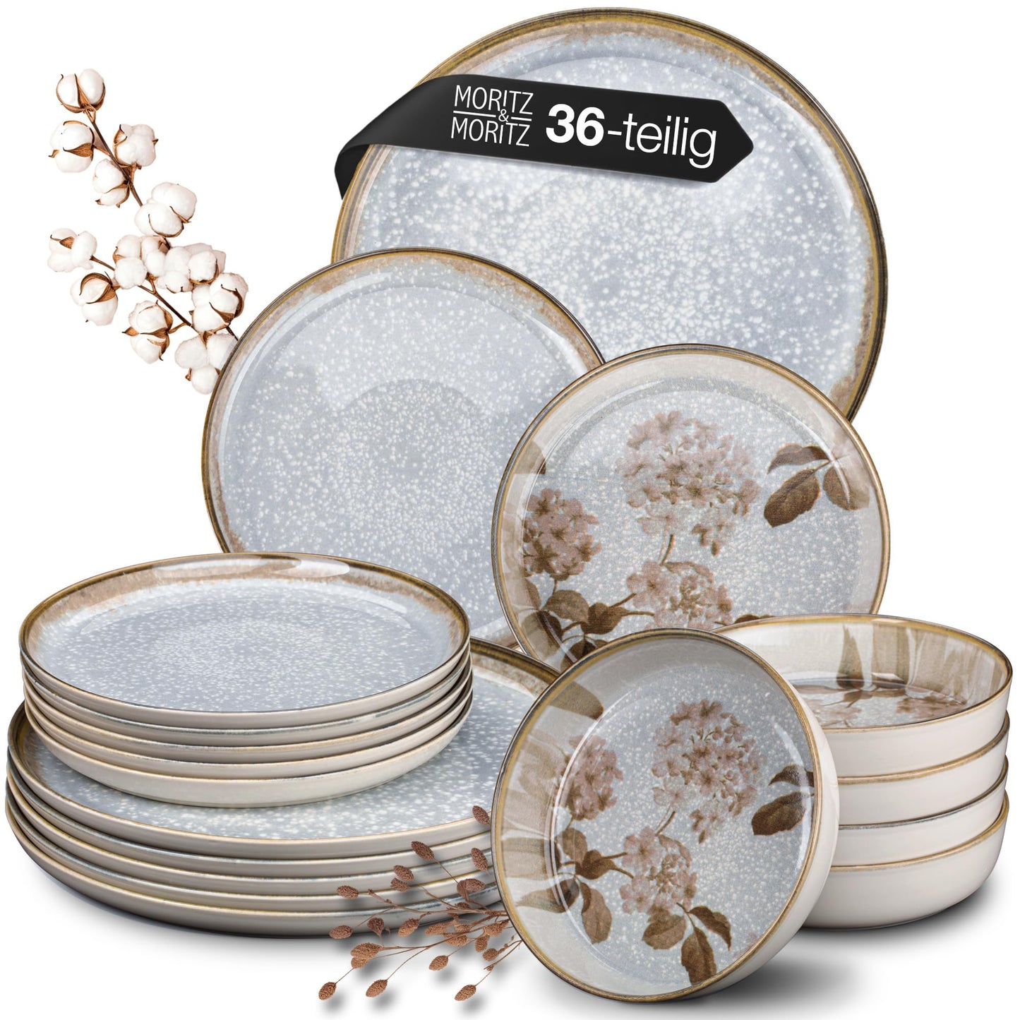 Moritz & Moritz BLOSSOM 18-Piece Crockery Set for 6 People, Elegant Plate Set Made of High-Quality Porcelain with Floral Design, Crockery Set of 6 x Dinner Plates, 6 x Dessert Plates, 6 x Soup Plates