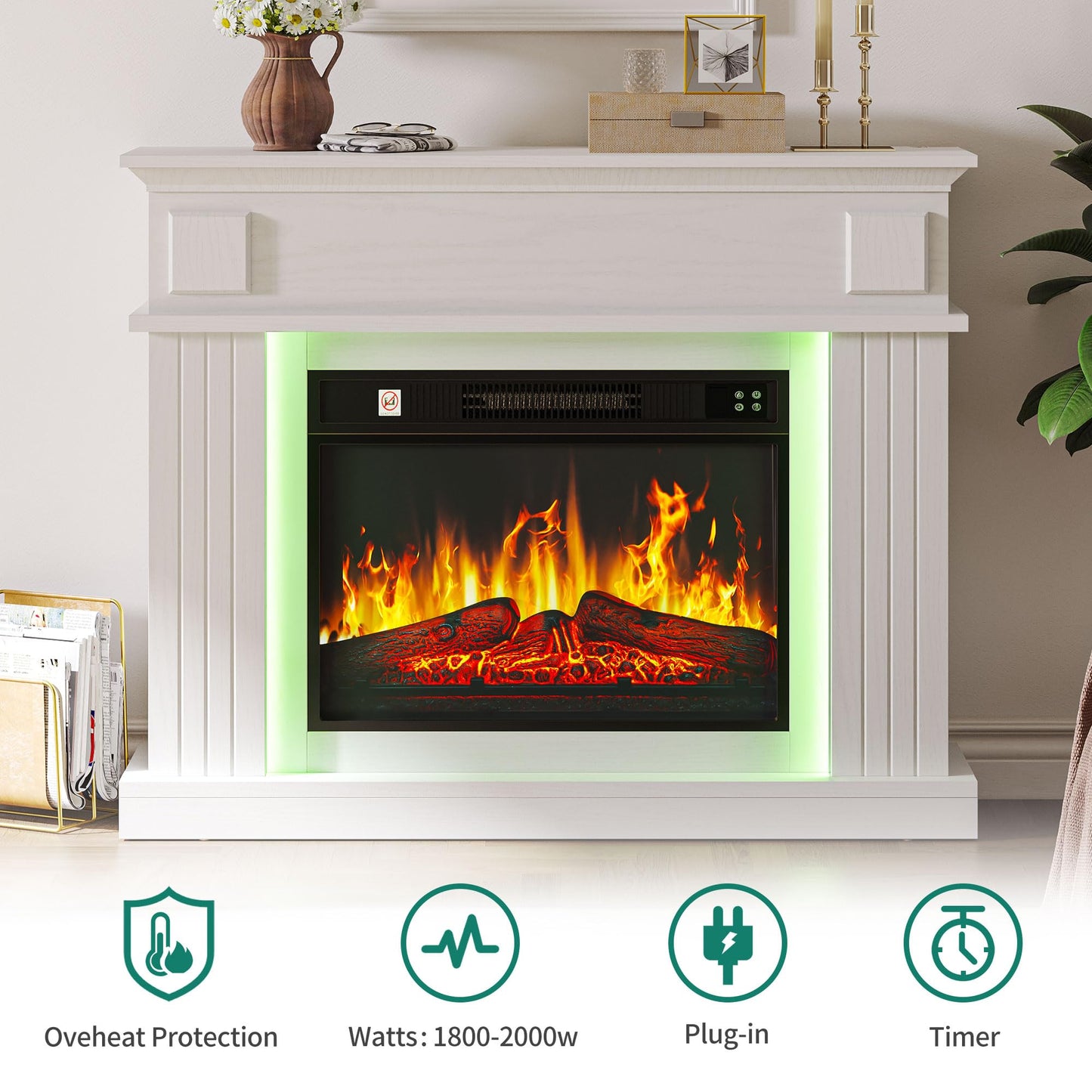 YITAHOME Electric Fireplace, 23 Inch Realistic 3D Flame Effect, Heat-Free Standing Electric Fireplace with Timer and 24-Colour LED Light Strip and Remote Control