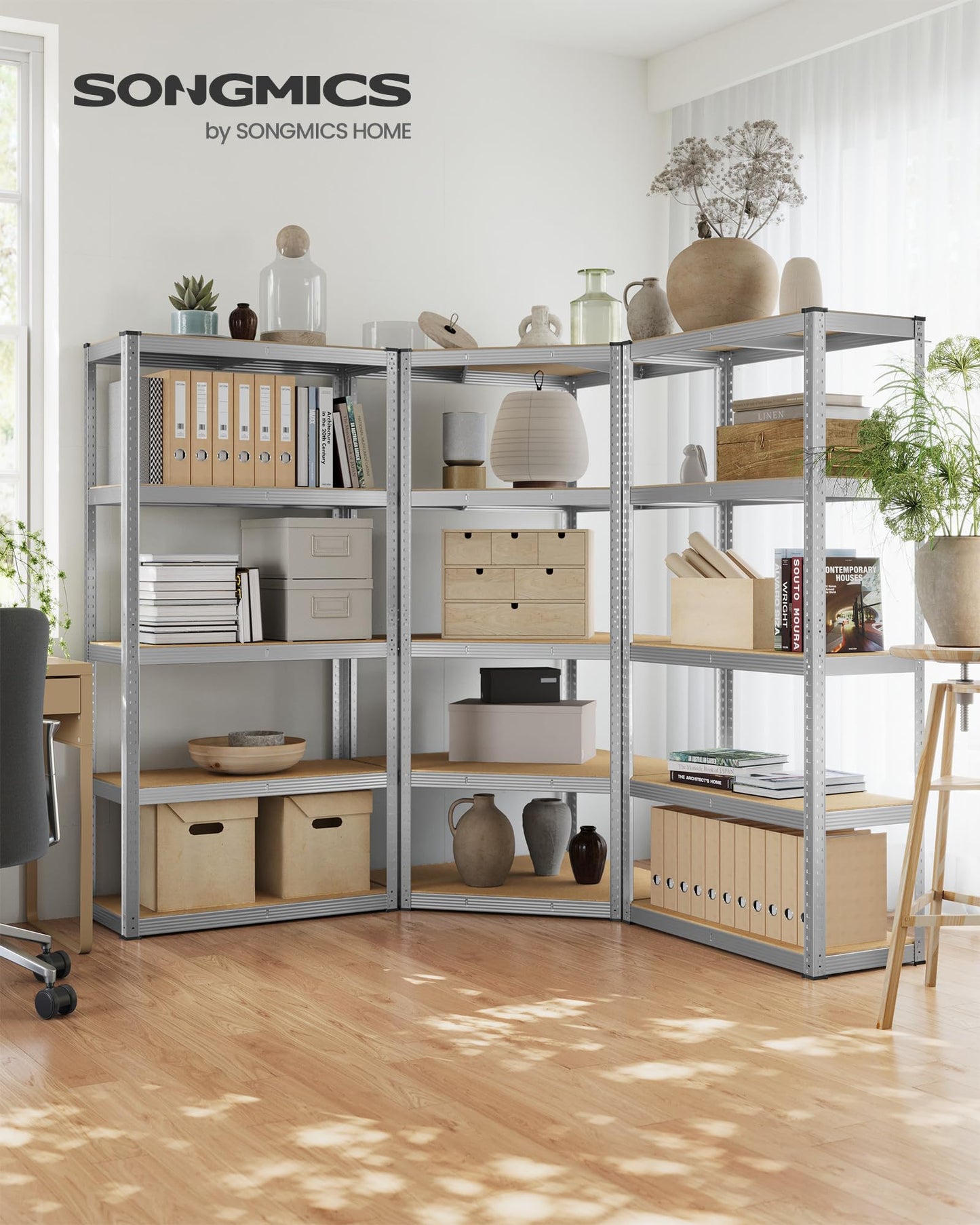 SONGMICS Corner Shelving Set, 5 Levels, Heavy Duty Shelf, Metal, Storage Shelving for Garage, Storage Room, Basement Shelf, Holds up to 2625 kg, Silver/Natural Beige, GLR070E03