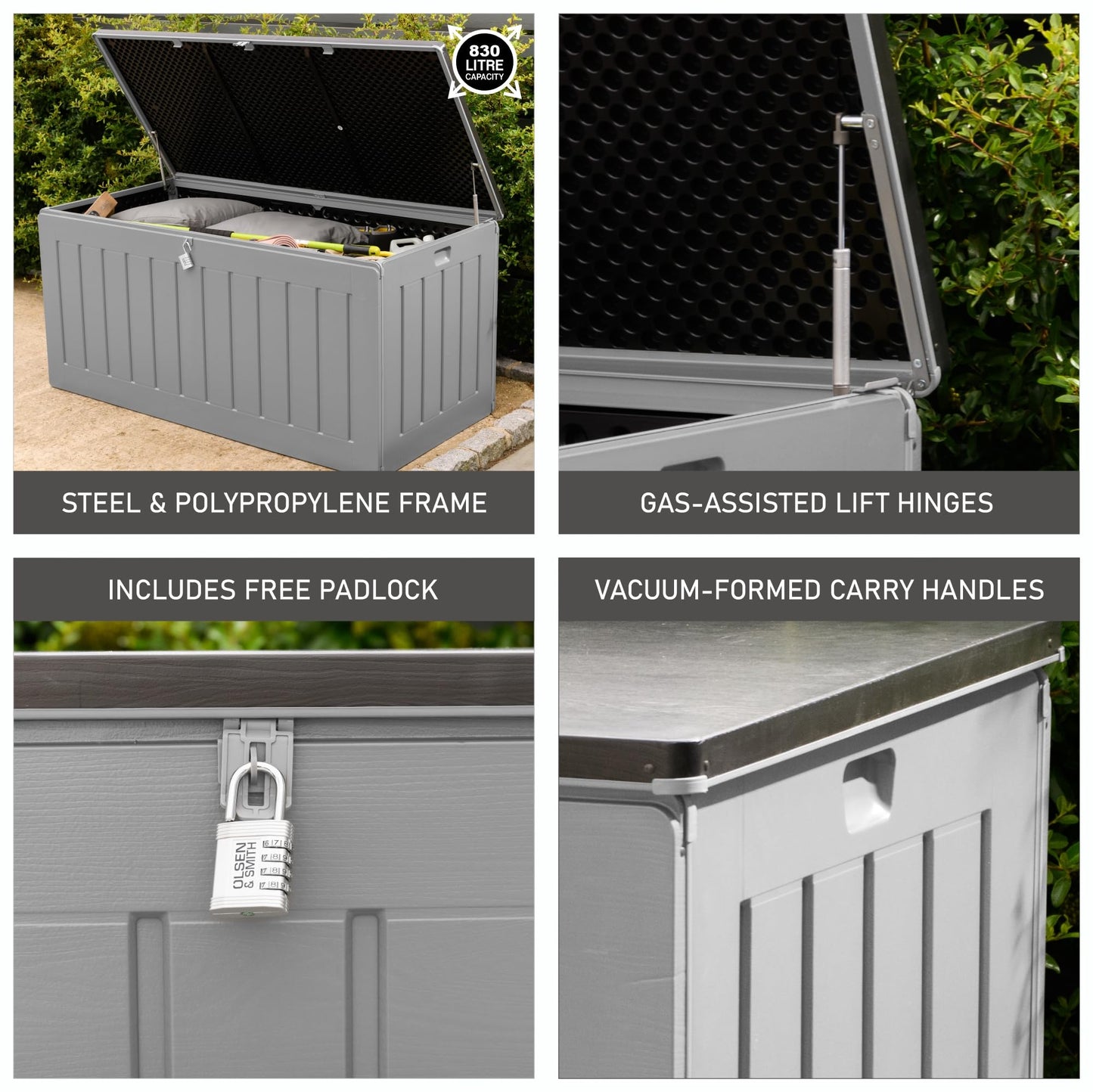 Olsen & Smith 270L Large Capacity Outdoor Garden Storage Box with Padlock Plastic Shed - Weatherproof and Stand Up with Wood Effect Chest (270L, Black)